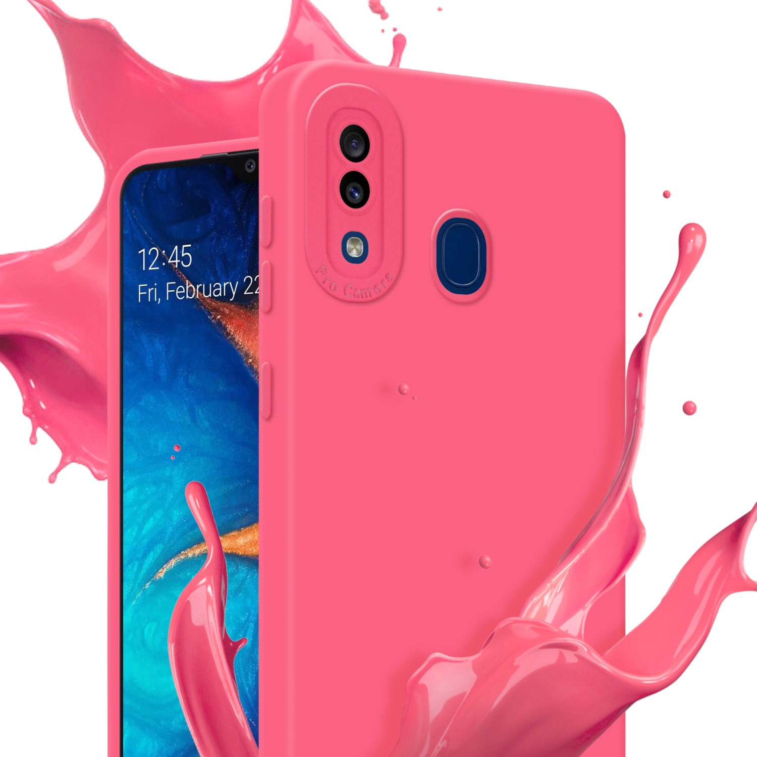 Custodia rosa per telefono con schizzo. Telefono con schermo blu. Sfondo bianco.
