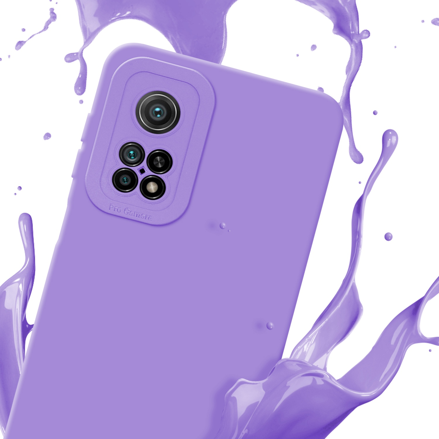Una custodia per telefono viola con un rigonfiamento della fotocamera, circondata da schizzi di vernice viola su sfondo bianco.
