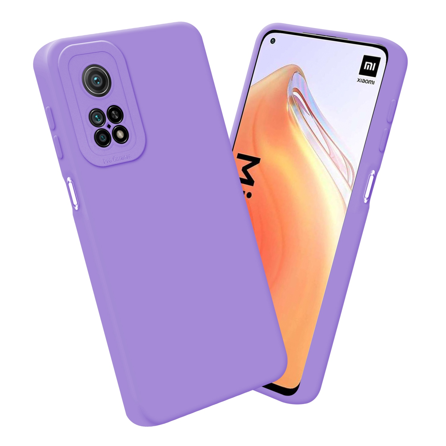 Custodia viola per telefono con design pro camera, un telefono con il logo Xiaomi.
