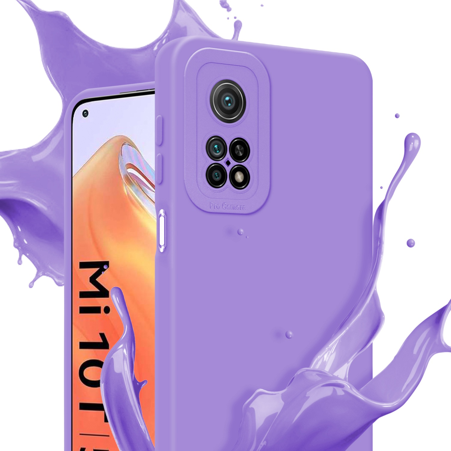 Una custodia per telefono viola, con un telefono Mi 10T parzialmente visibile. Schizzi di vernice viola sullo sfondo.
