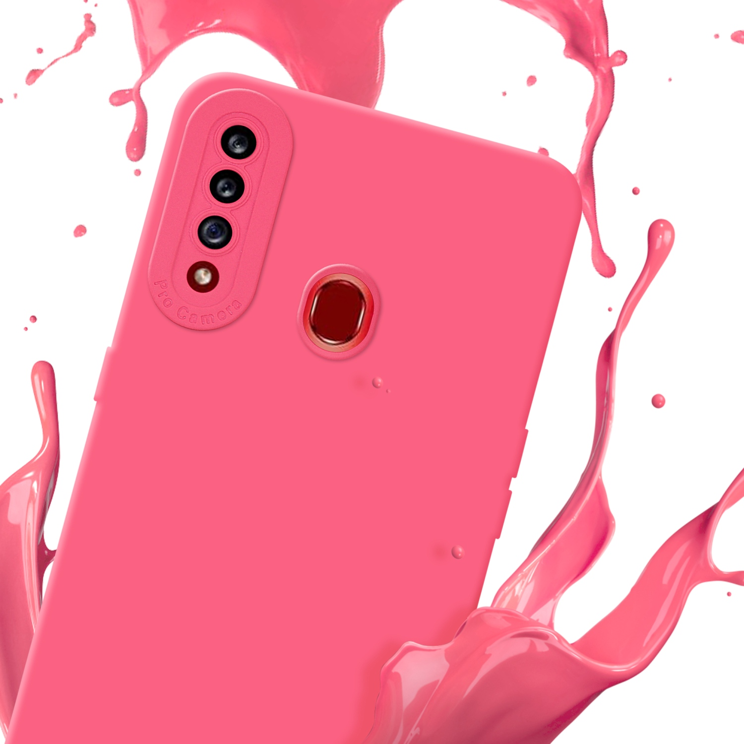 Eine pinkfarbene Handyhülle mit Kameraausbuchtung und einem Spritzer rosa Farbe auf weißem Hintergrund.