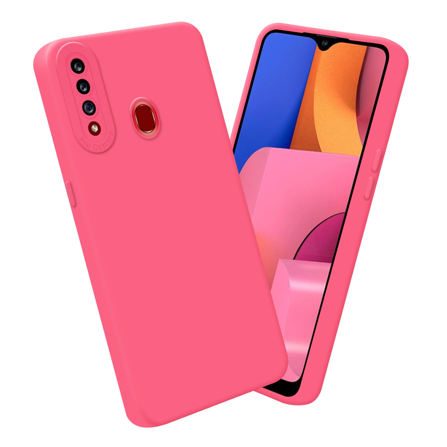 Rosa Handyhülle mit pinkfarbenem Bildschirm. Das Telefon hat Kameraausschnitte.