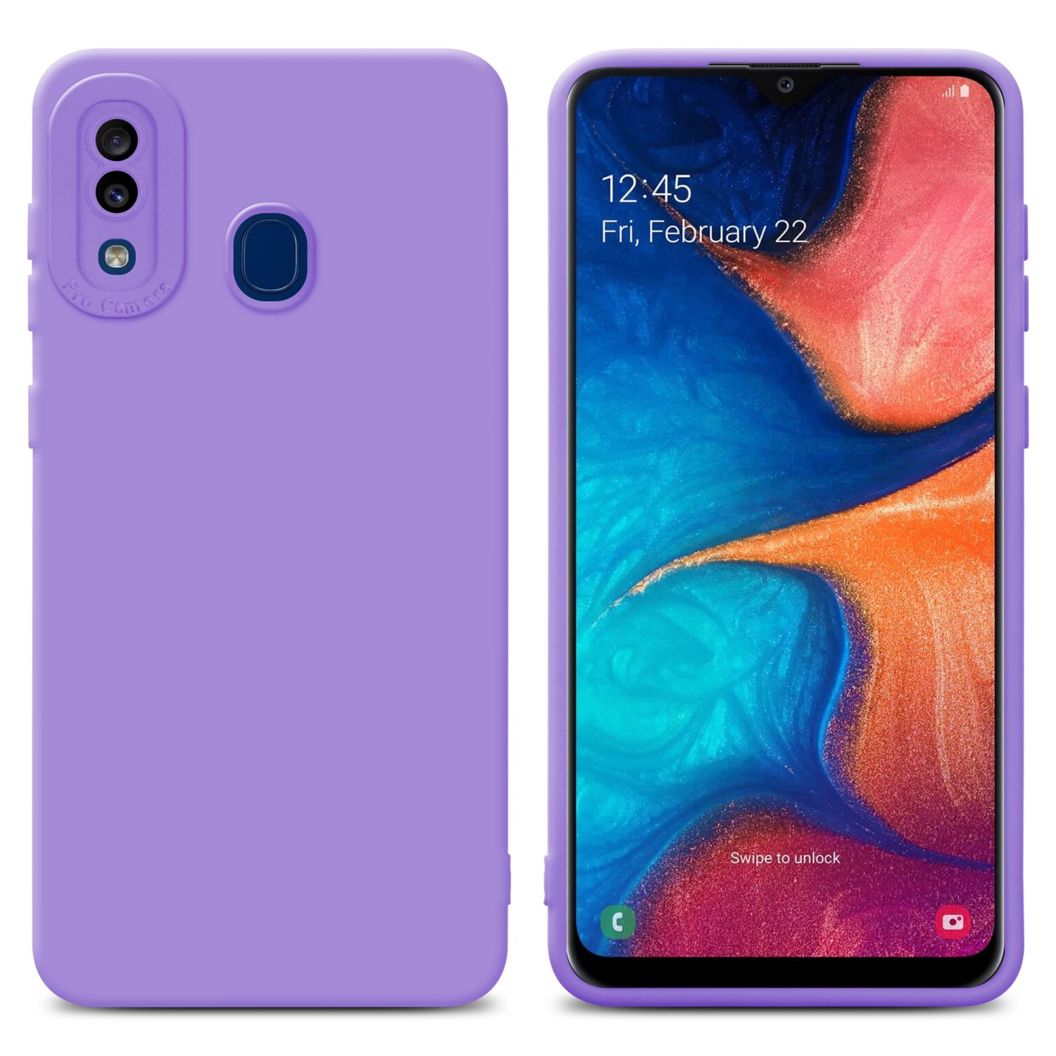 Custodia per telefono viola con lenti della fotocamera e un telefono che mostra ora e data, sfondo bianco.