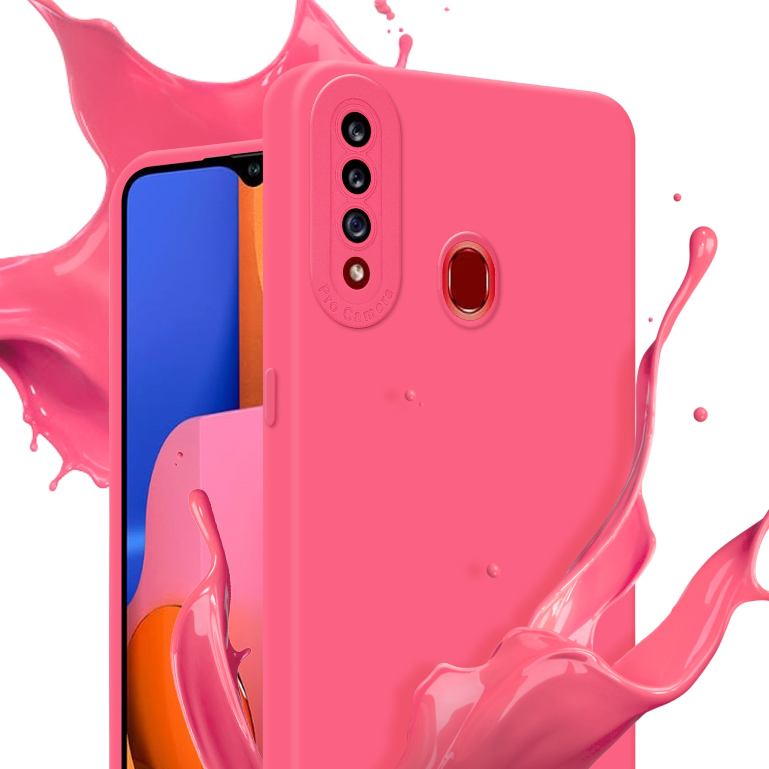 Rosa Handyhülle mit pinkfarbenem Farbspritzer. Telefonbildschirm und Kamera sichtbar.