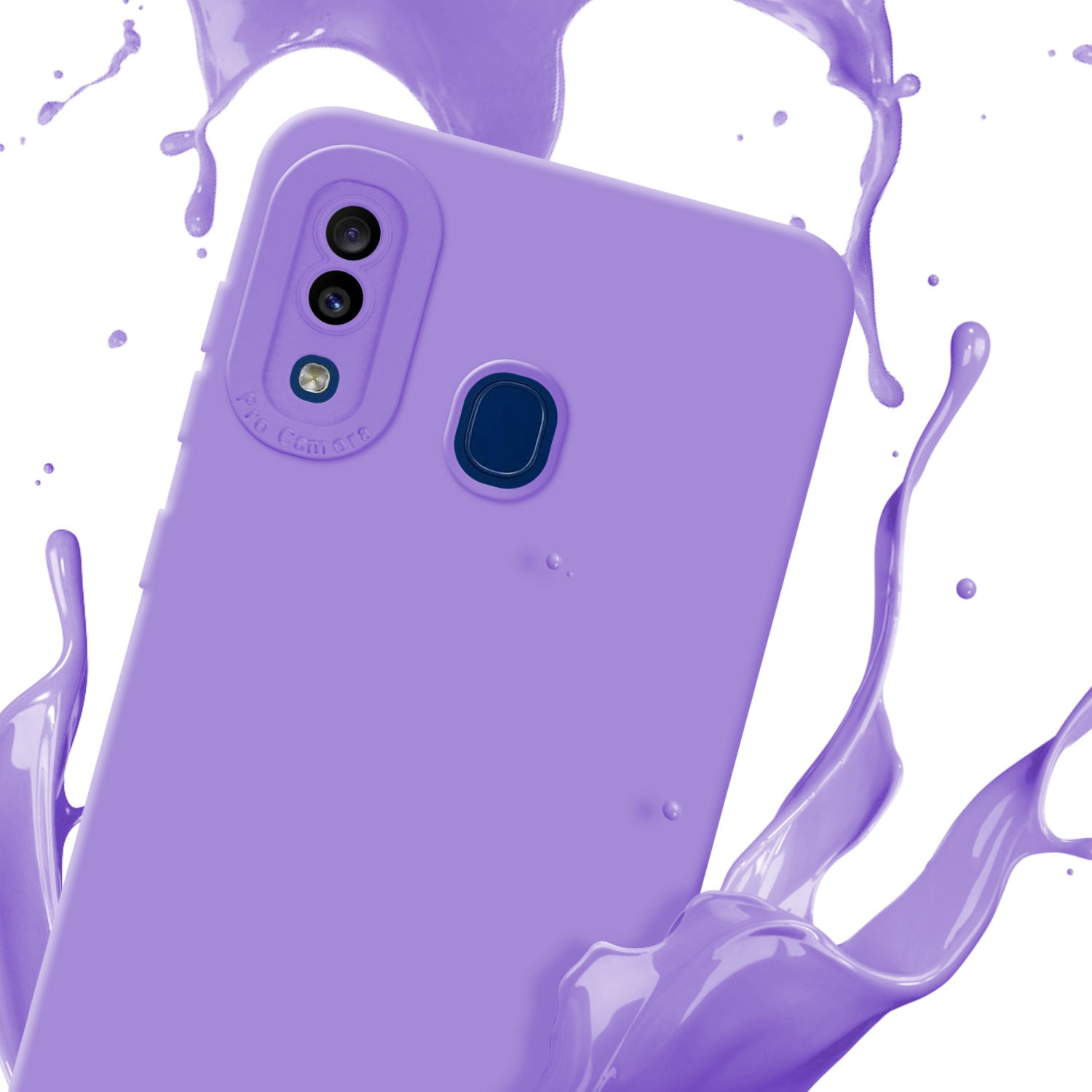 Una custodia per telefono viola con lenti della fotocamera. Schizzi di liquido viola su sfondo bianco.