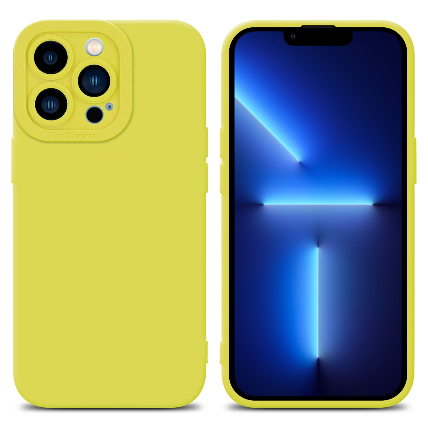 Due custodie per telefono, una gialla con un rigonfiamento della fotocamera e una con display blu su bianco.