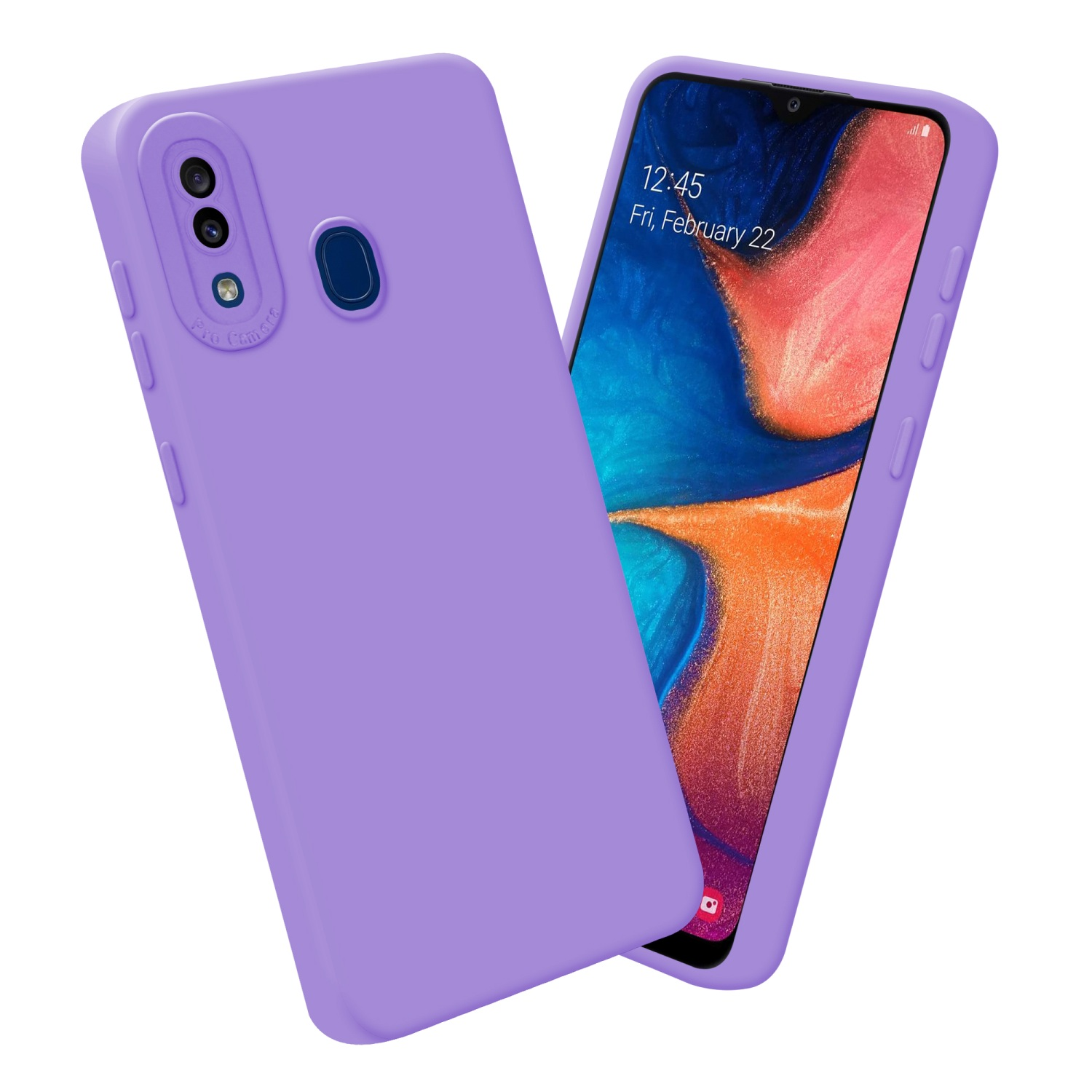 Telefono e custodia viola su sfondo bianco.