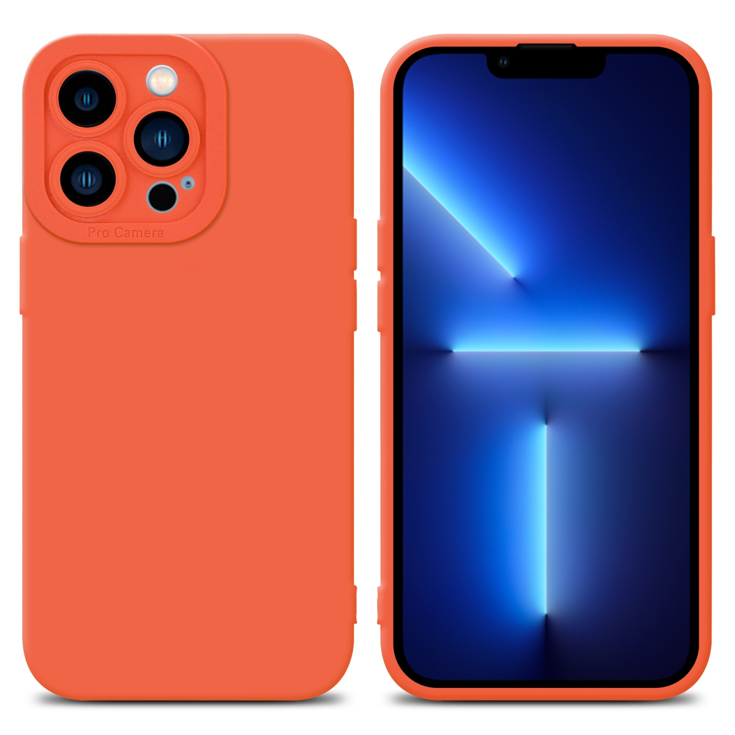 Custodia e telefono arancioni. Lo schermo mostra un design di luce al neon blu.