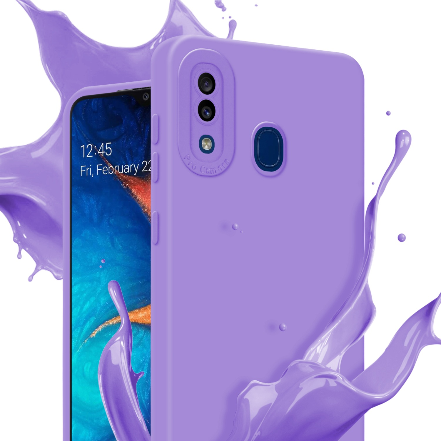 Custodia viola davanti a un telefono con uno sfondo schermo blu e arancione.