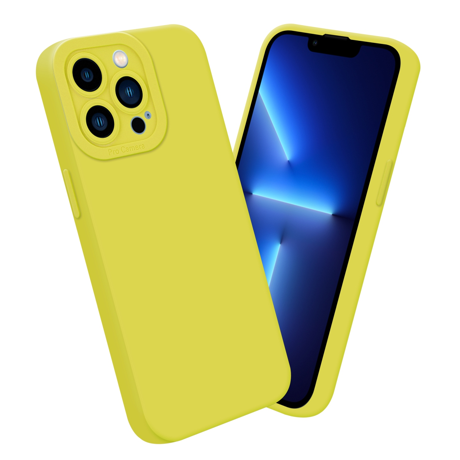 Due custodie gialle per telefono e un telefono. Il telefono ha uno schermo blu.