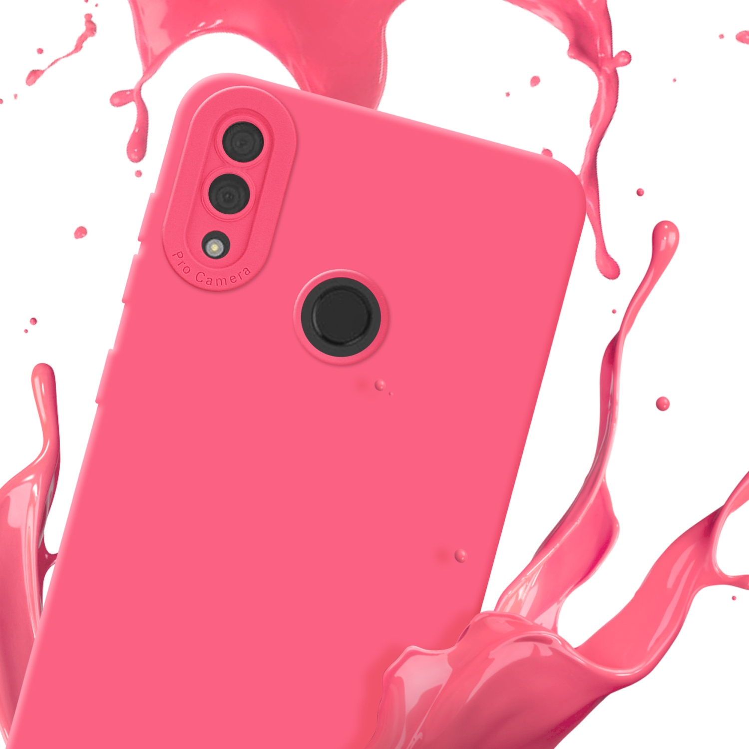 Un étui de téléphone rose est présenté avec une éclaboussure de peinture rose.