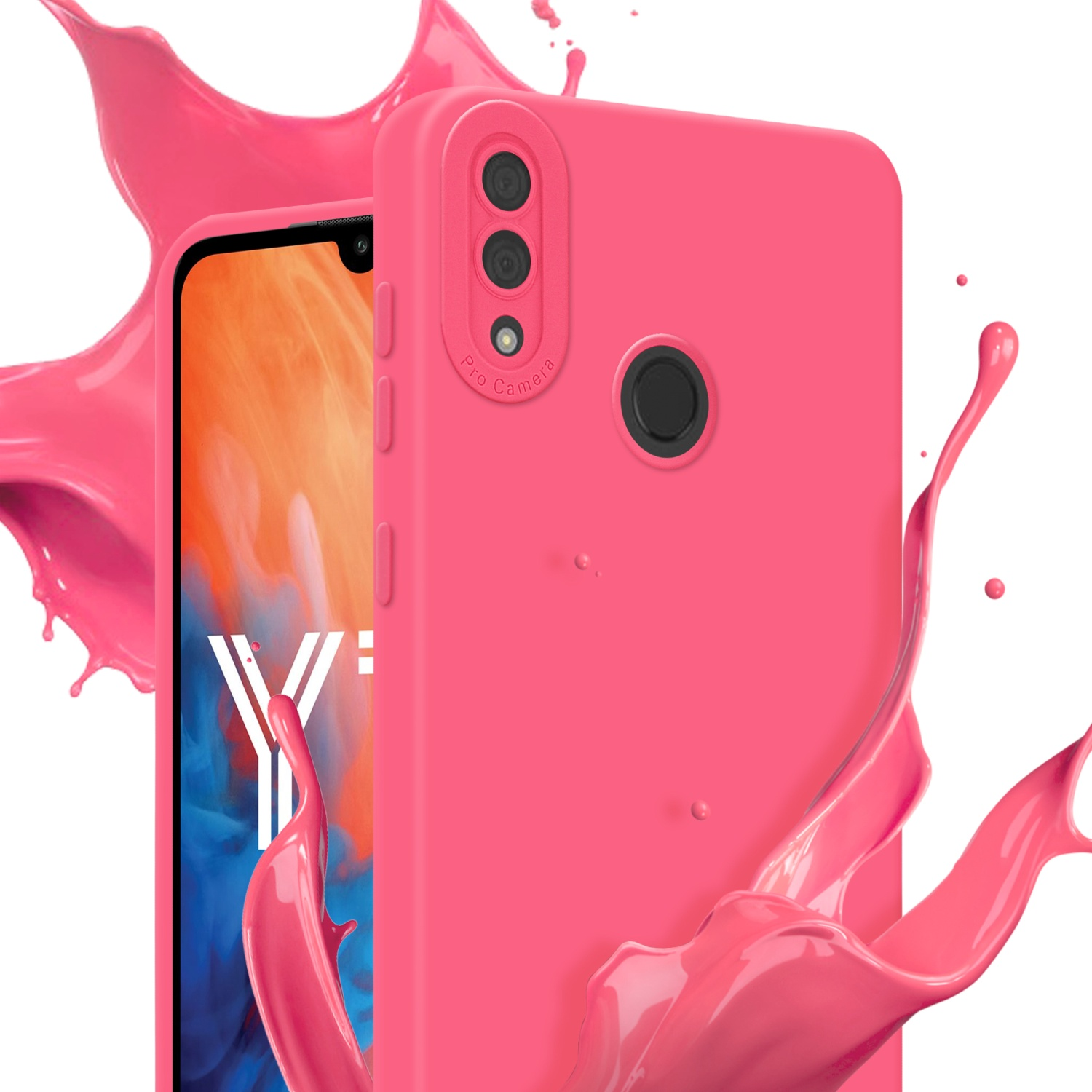Une coque rose avec écran de téléphone et éclaboussures de peinture.