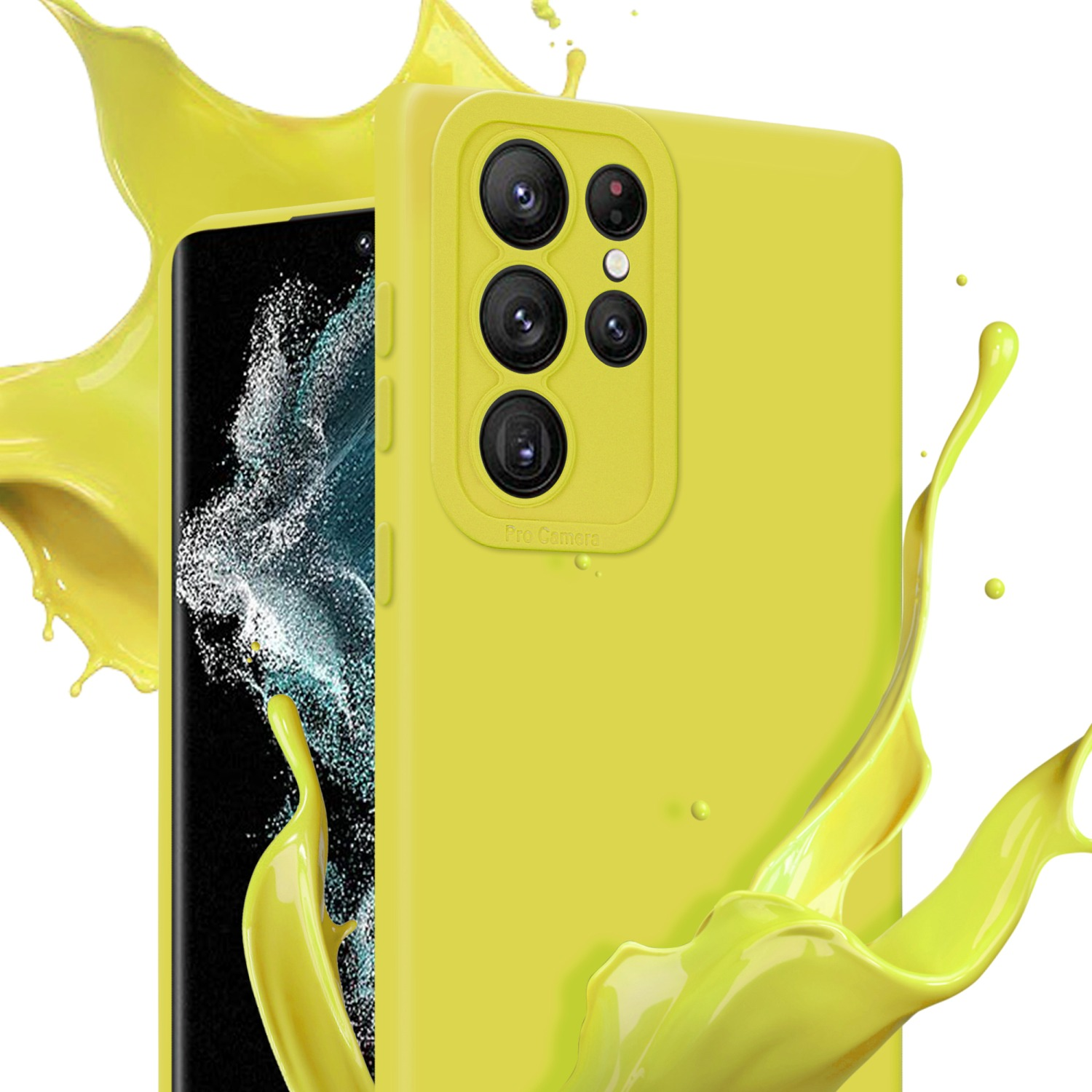 Custodia per telefono gialla con fotocamere, schizzo di vernice gialla e schermo del telefono con arte astratta.