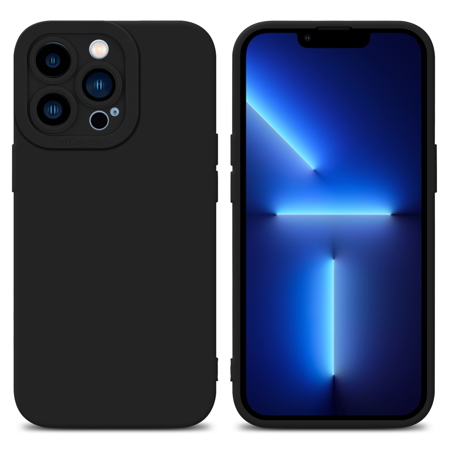 Telefono nero con tre fotocamere e cover nera. Lo schermo mostra una sfumatura blu.