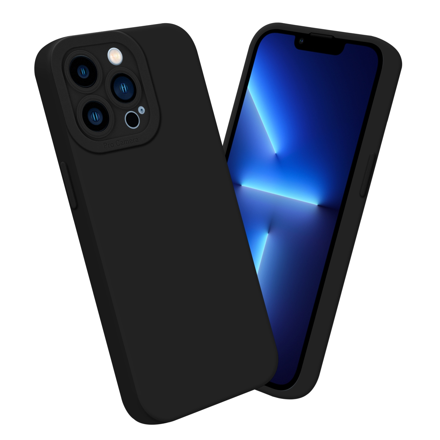 Custodia nera per telefono con telefono. Il telefono ha uno schermo blu.