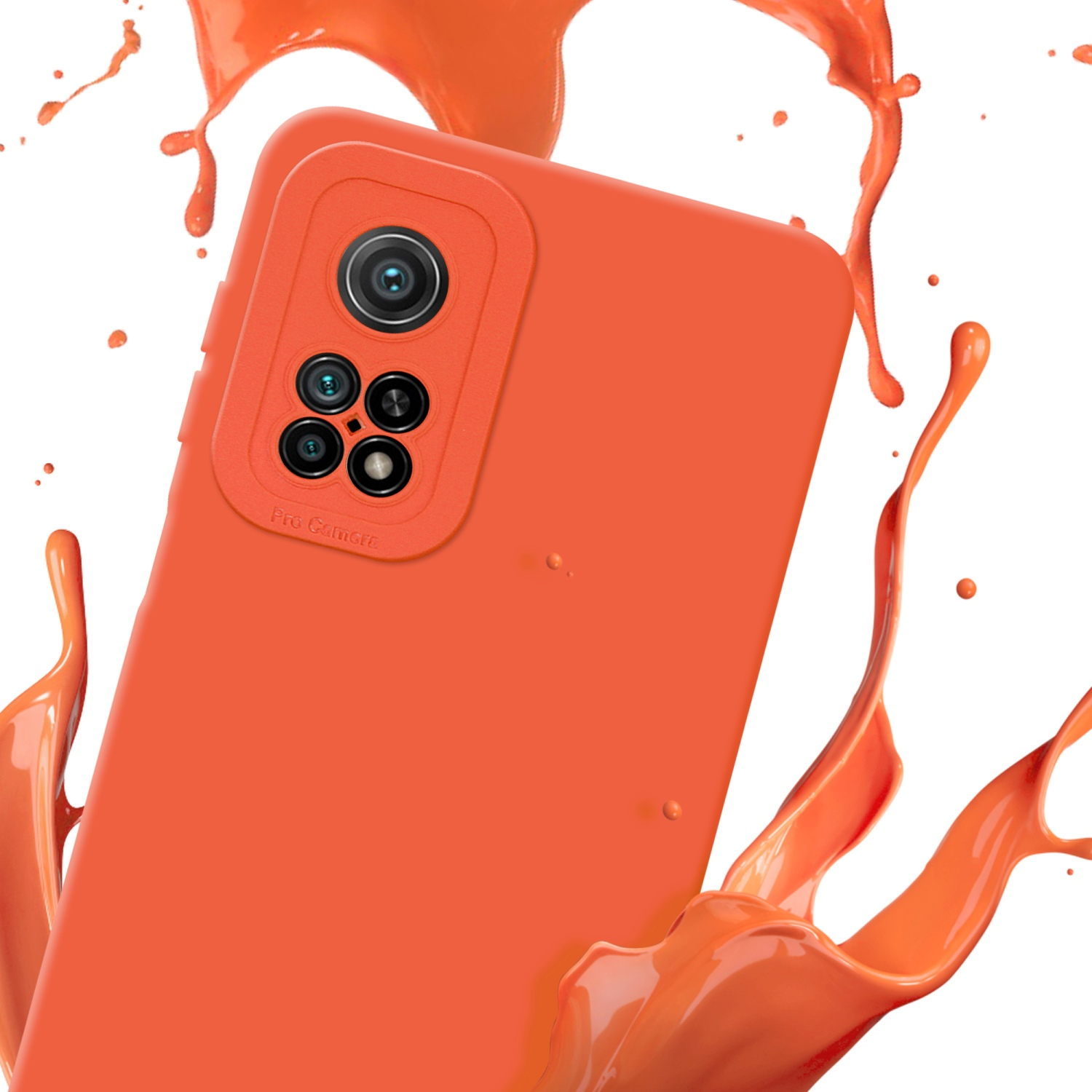 Orange Handyhülle. Orangenfarbene Farbspritzer um die Hülle, die eine Kamera hat.