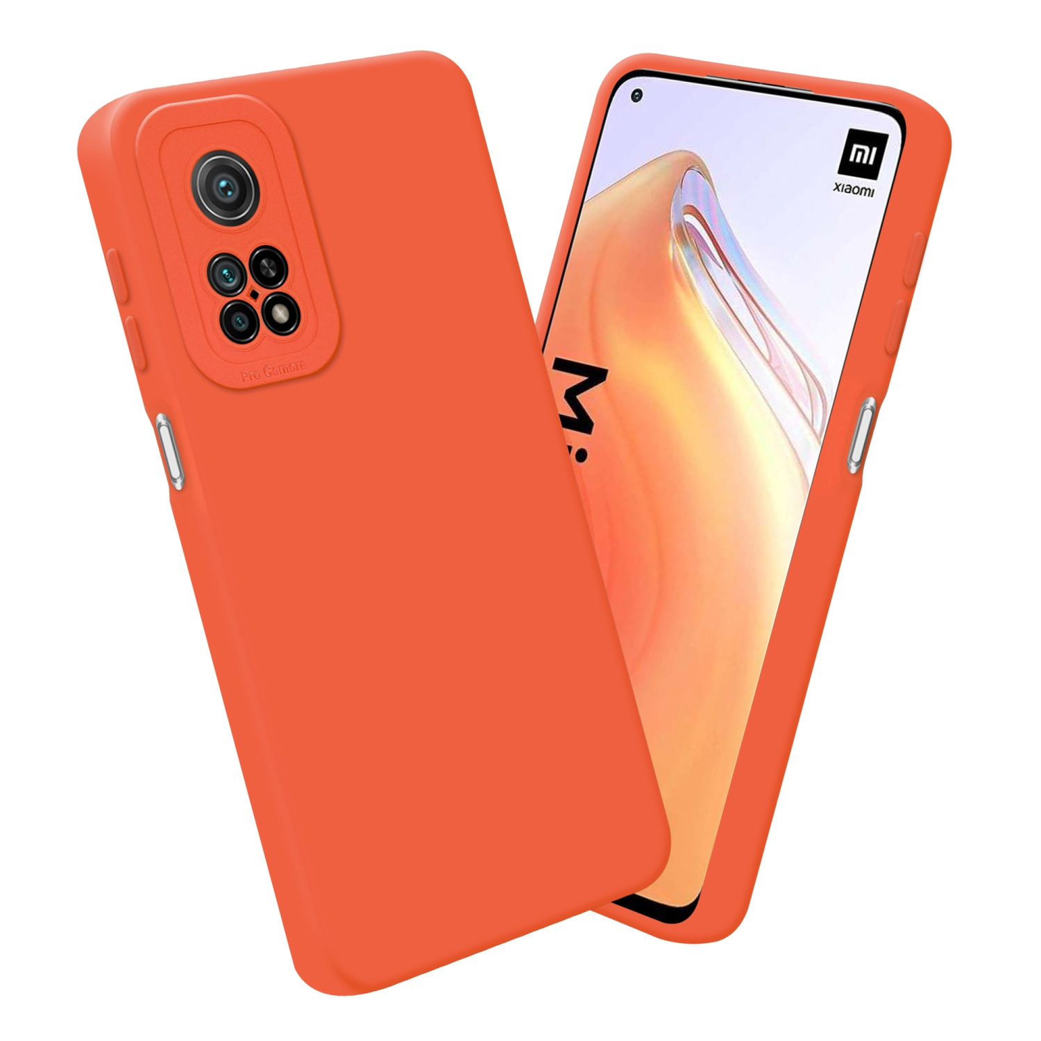 Orangene Handyhülle mit Telefon. Weißer Hintergrund.