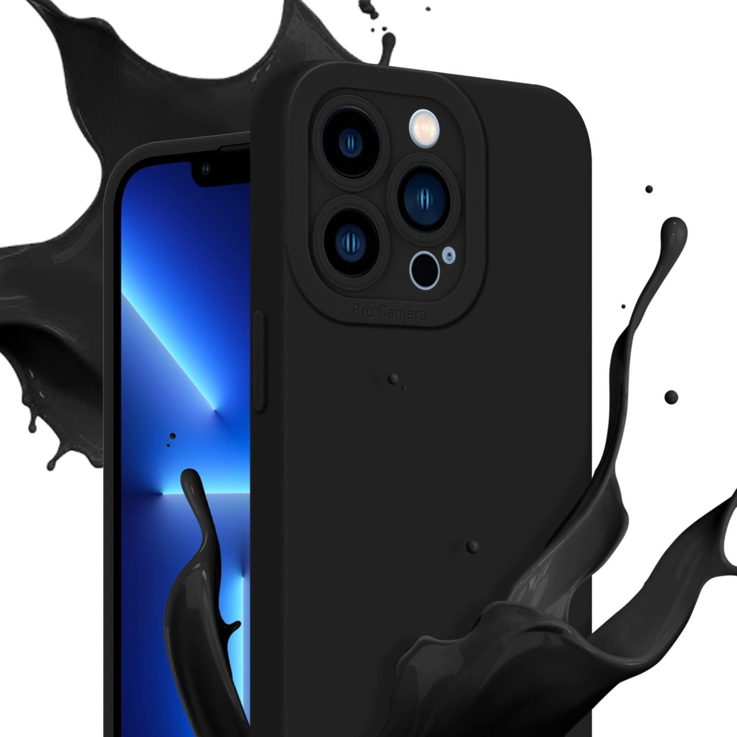 Custodia per telefono nera con schizzi di vernice nera. Il telefono ha tre fotocamere.
