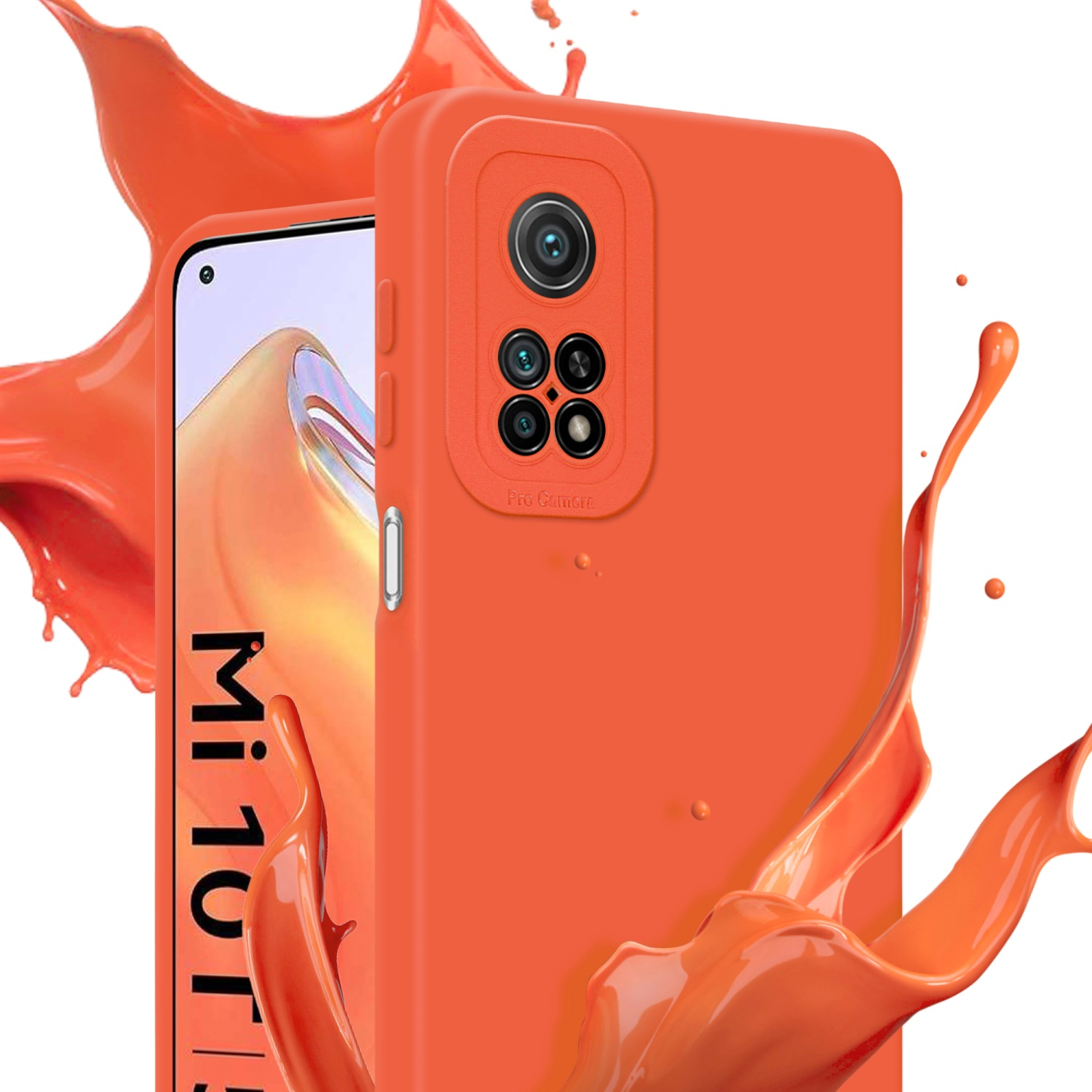 Orange Handyhülle mit 'Pro Camera' mit orangefarbenen Farbspritzern auf weißem Hintergrund.