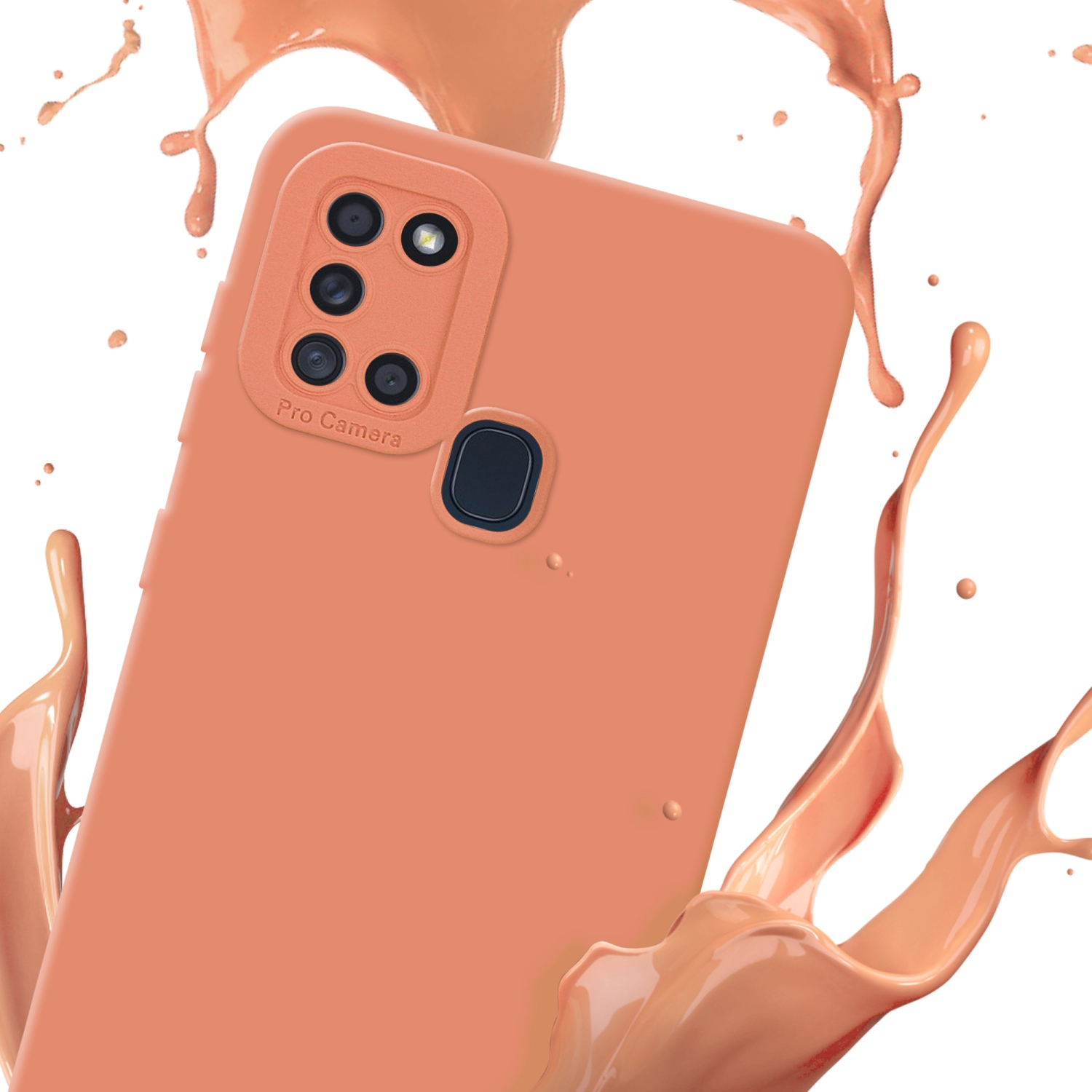 Custodia per telefono arancione con più lenti della fotocamera. Spruzzo di liquido arancione sullo sfondo.
