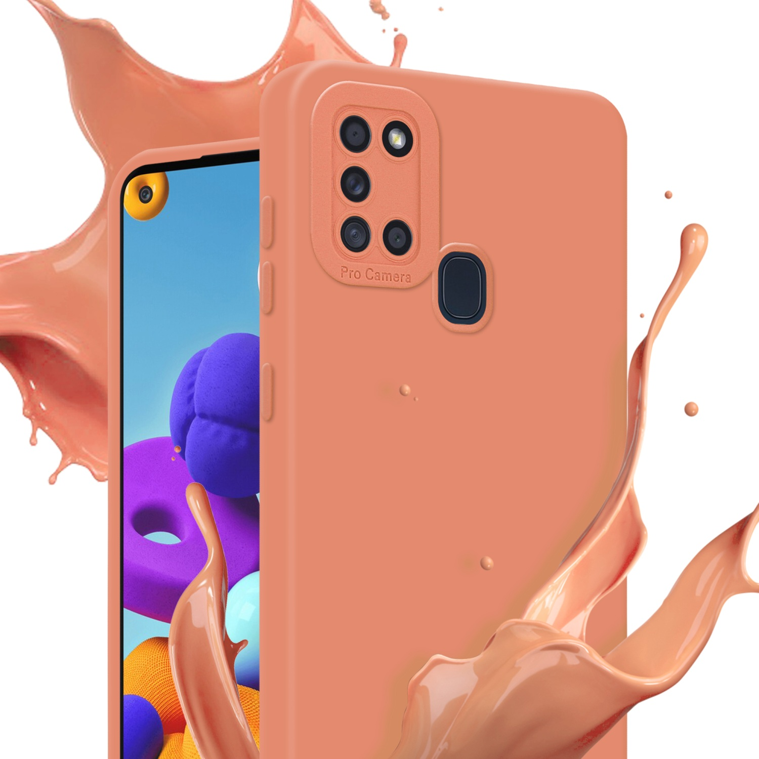 Una custodia color pesca per telefono con lenti della fotocamera, con effetto spruzzo di vernice pesca su sfondo bianco.