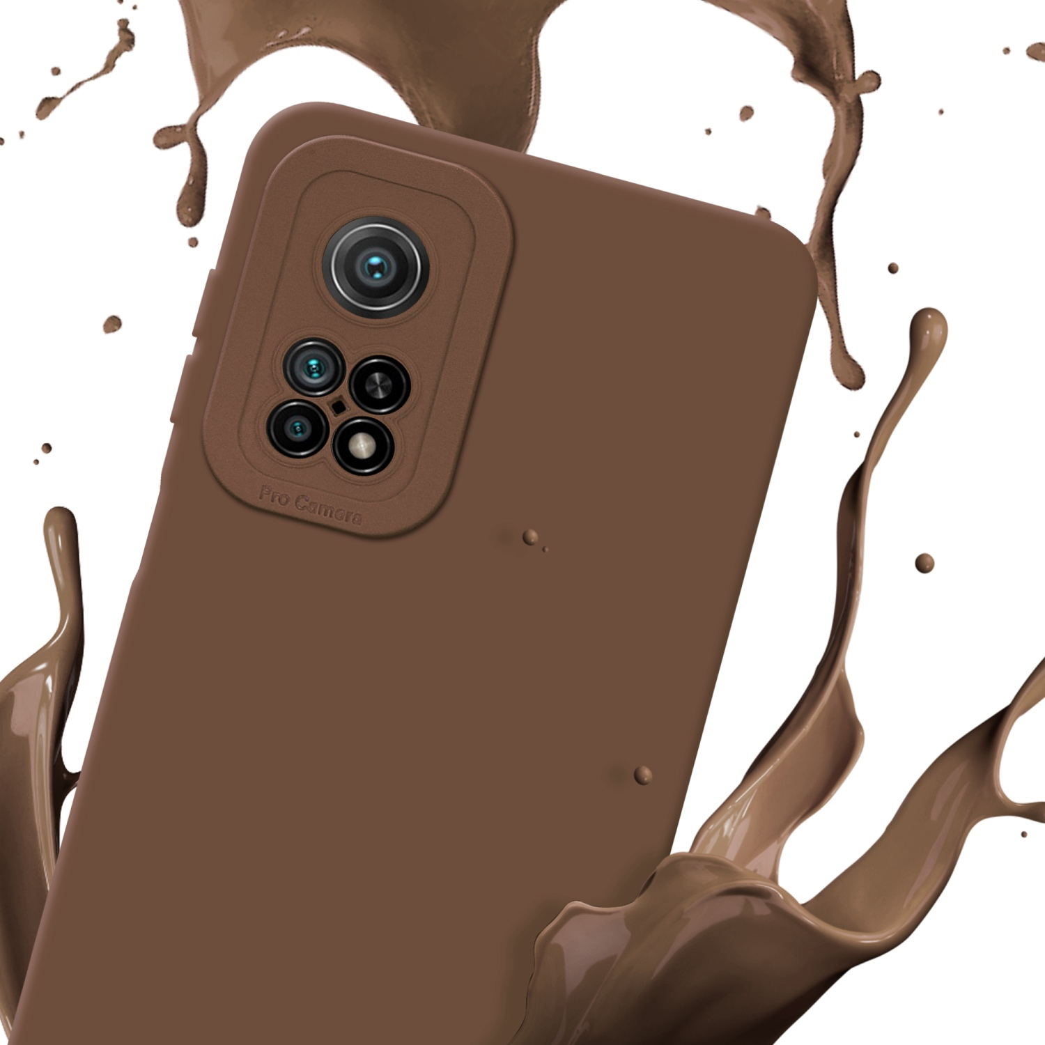 Custodia per telefono marrone con schizzi di liquido marrone intorno alla fotocamera.