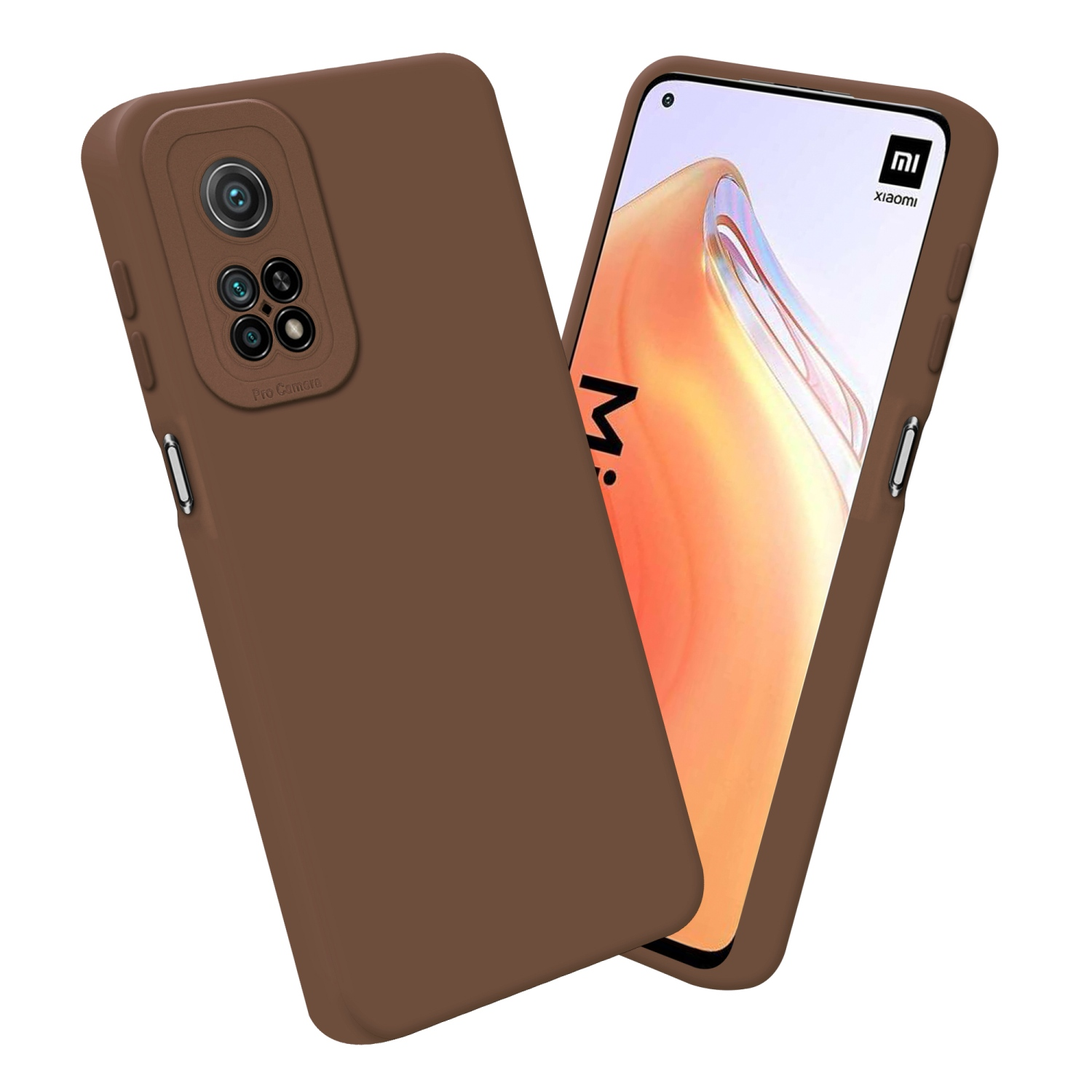 Custodia marrone e telefono che mostra un'immagine. Logo Xiaomi visibile. Fotocamera Pro visibile.