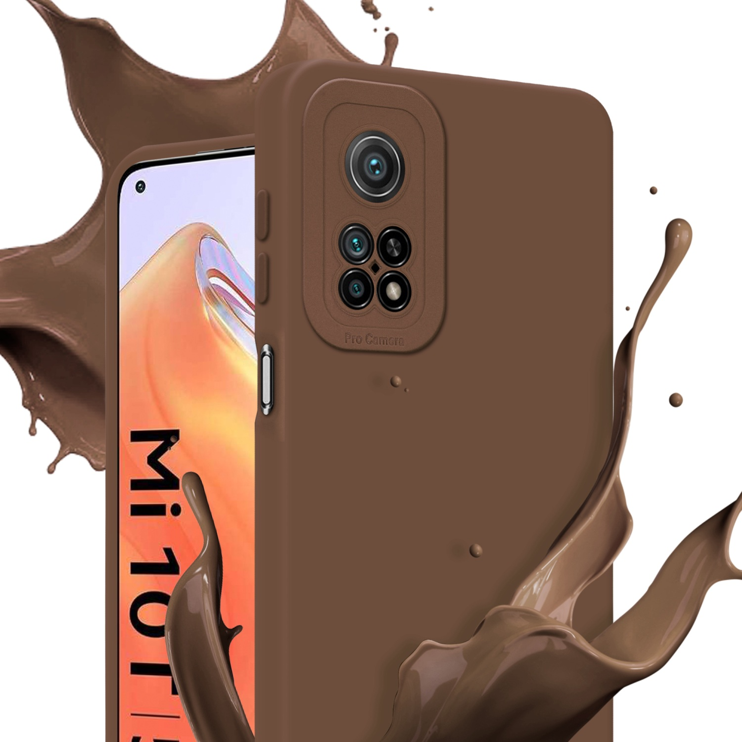 Una custodia marrone per telefono con un telefono e schizzi di cioccolato. Il telefono ha uno sfondo.