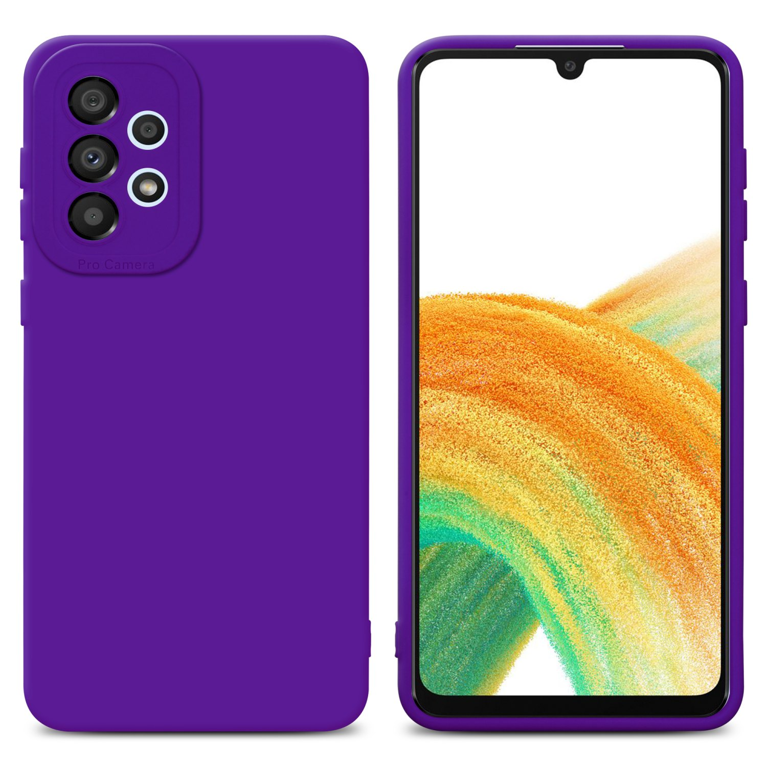 Custodia per telefono viola e telefono con sfondo arancione e giallo.