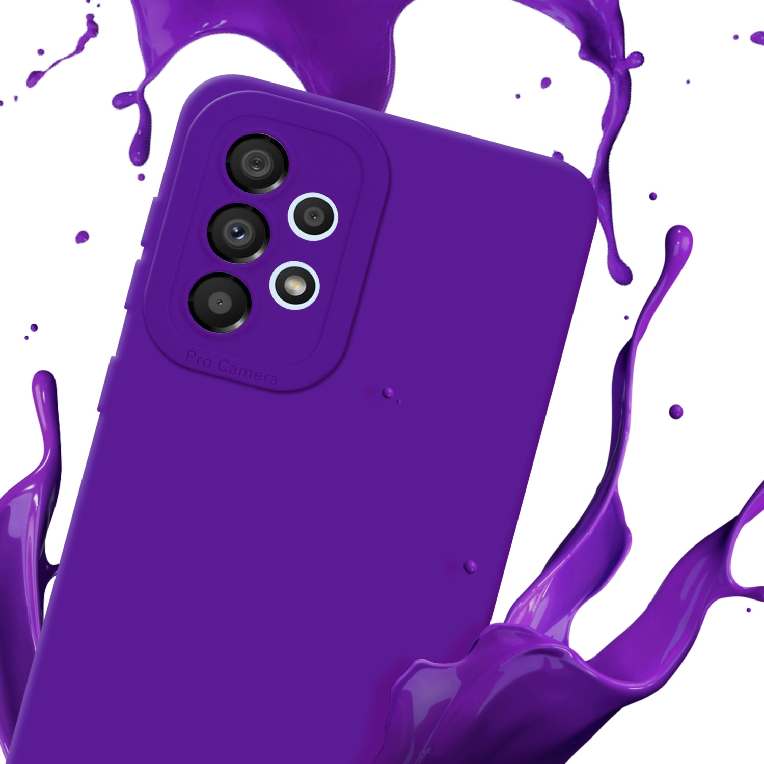 Una custodia per telefono viola con spruzzi di vernice. Sulla custodia del telefono è scritto Pro Camera.