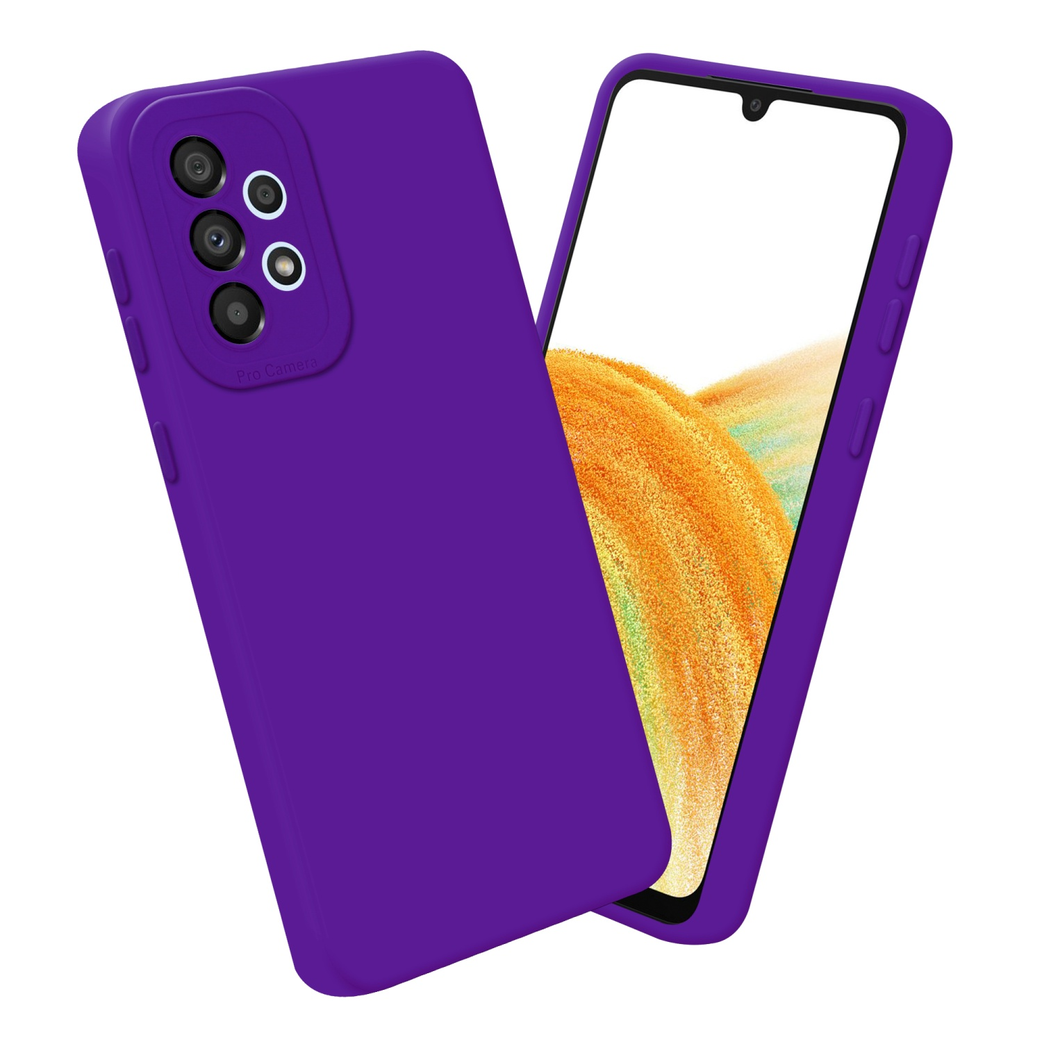 Custodia viola con modulo fotocamera, schermo del telefono su sfondo bianco.