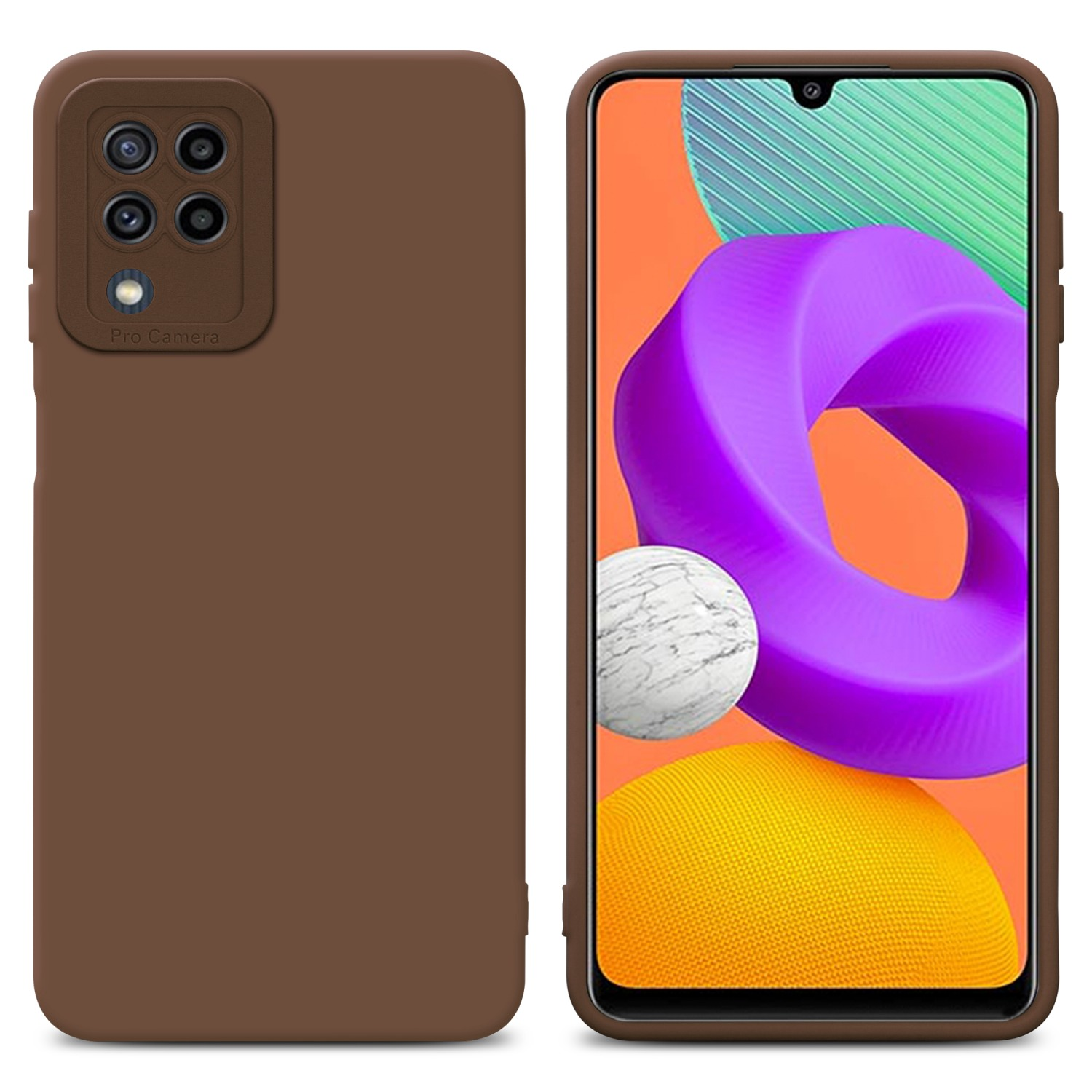 Custodia per telefono marrone e telefono con design viola e giallo. La custodia ha un rigonfiamento della fotocamera.