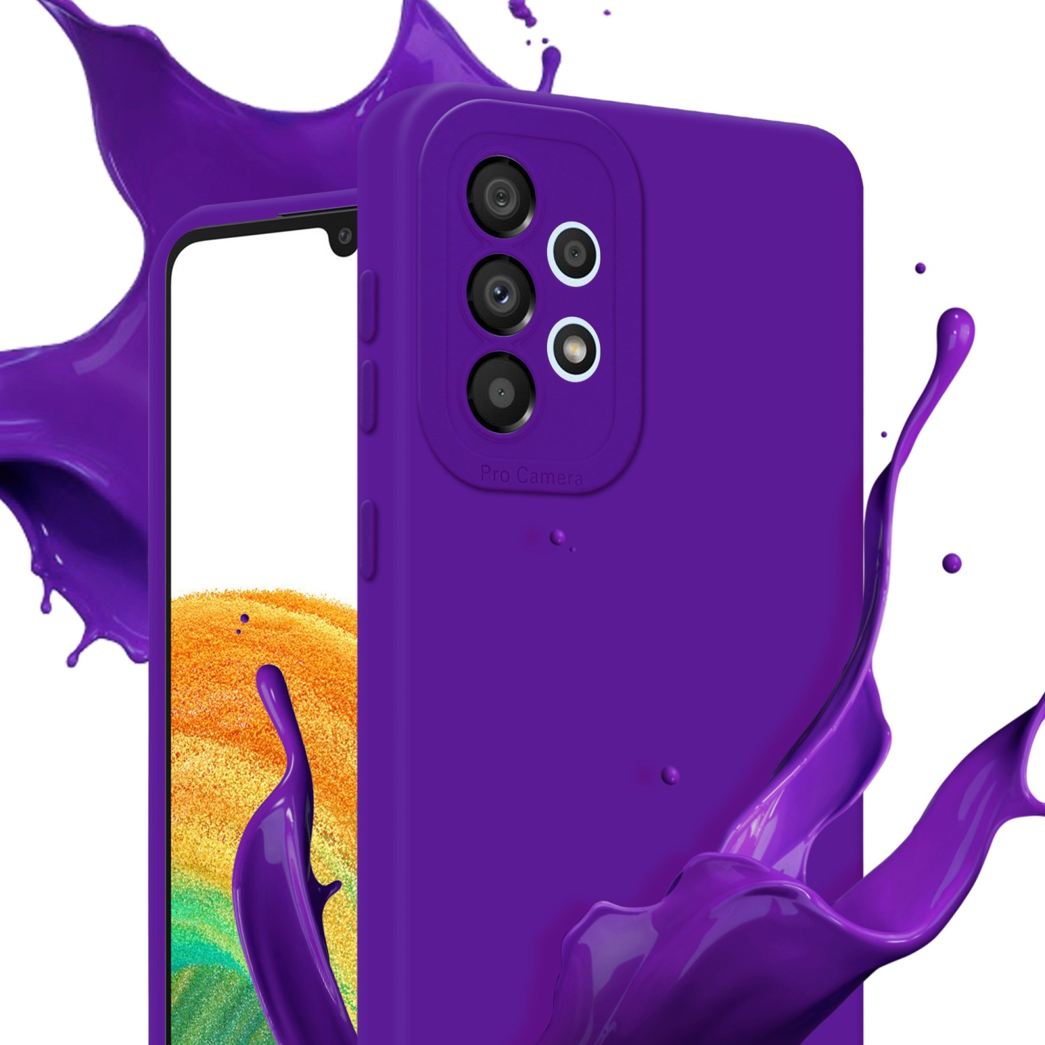 Custodia viola con schizzo di vernice viola su sfondo bianco. Copre la parte posteriore.