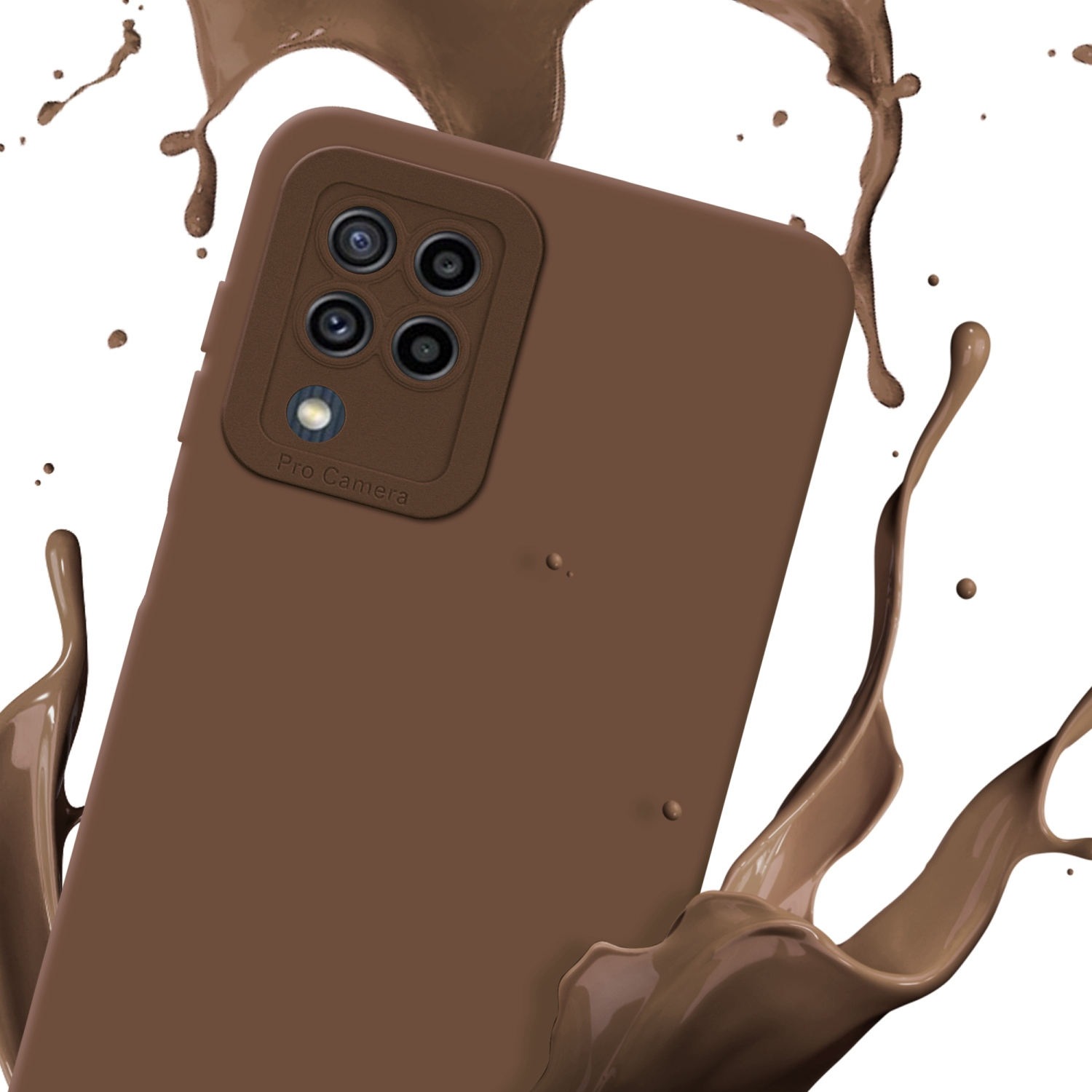 Una custodia marrone per telefono con un rialzo per la fotocamera è mostrata. Schizzi di vernice marrone intorno.