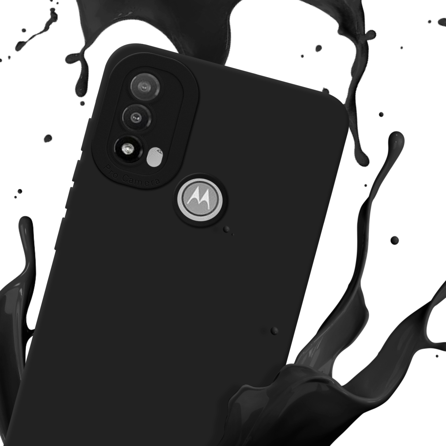 Custodia nera per telefono con modulo fotocamera, spruzzo di vernice nera su sfondo bianco.