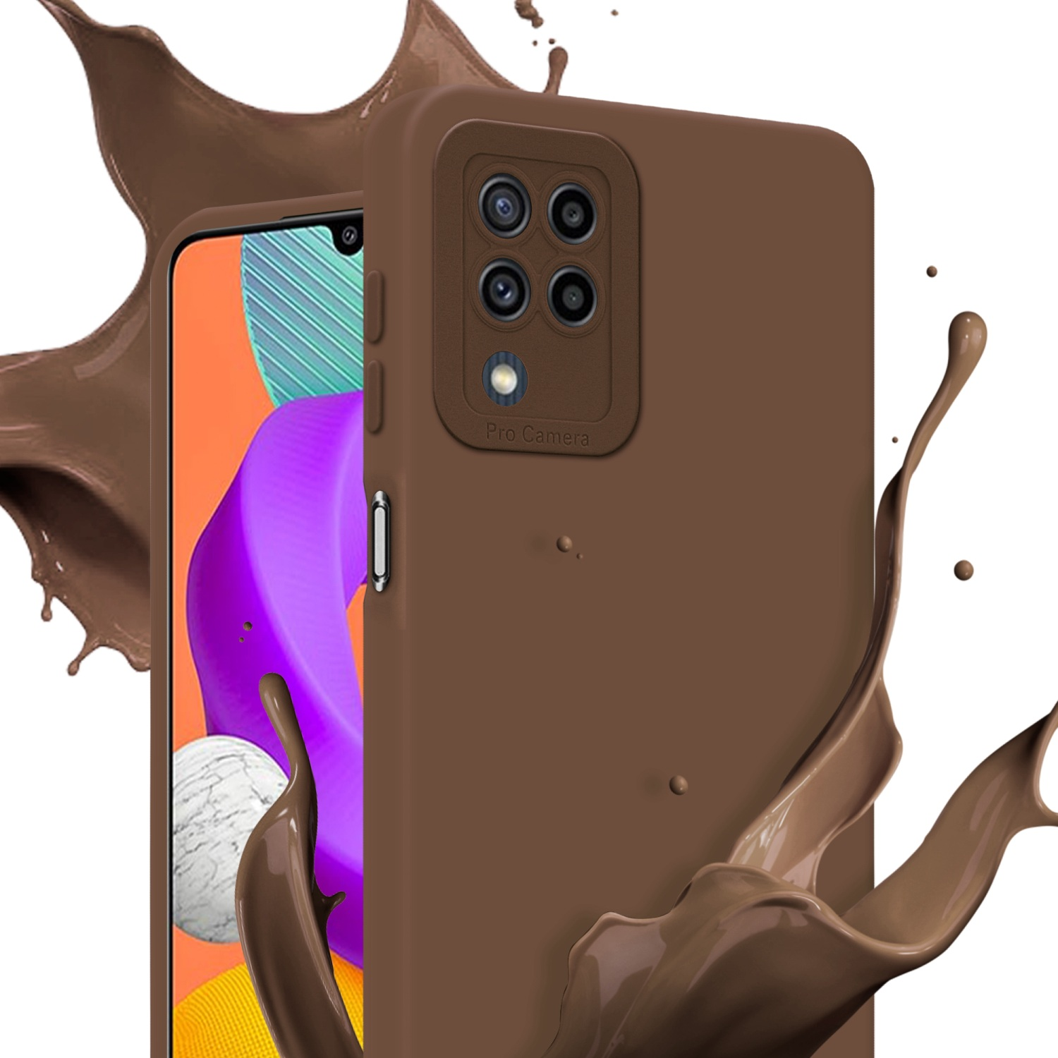 Custodia marrone con schermo del telefono visibile. Schizzo di liquido marrone sullo sfondo.