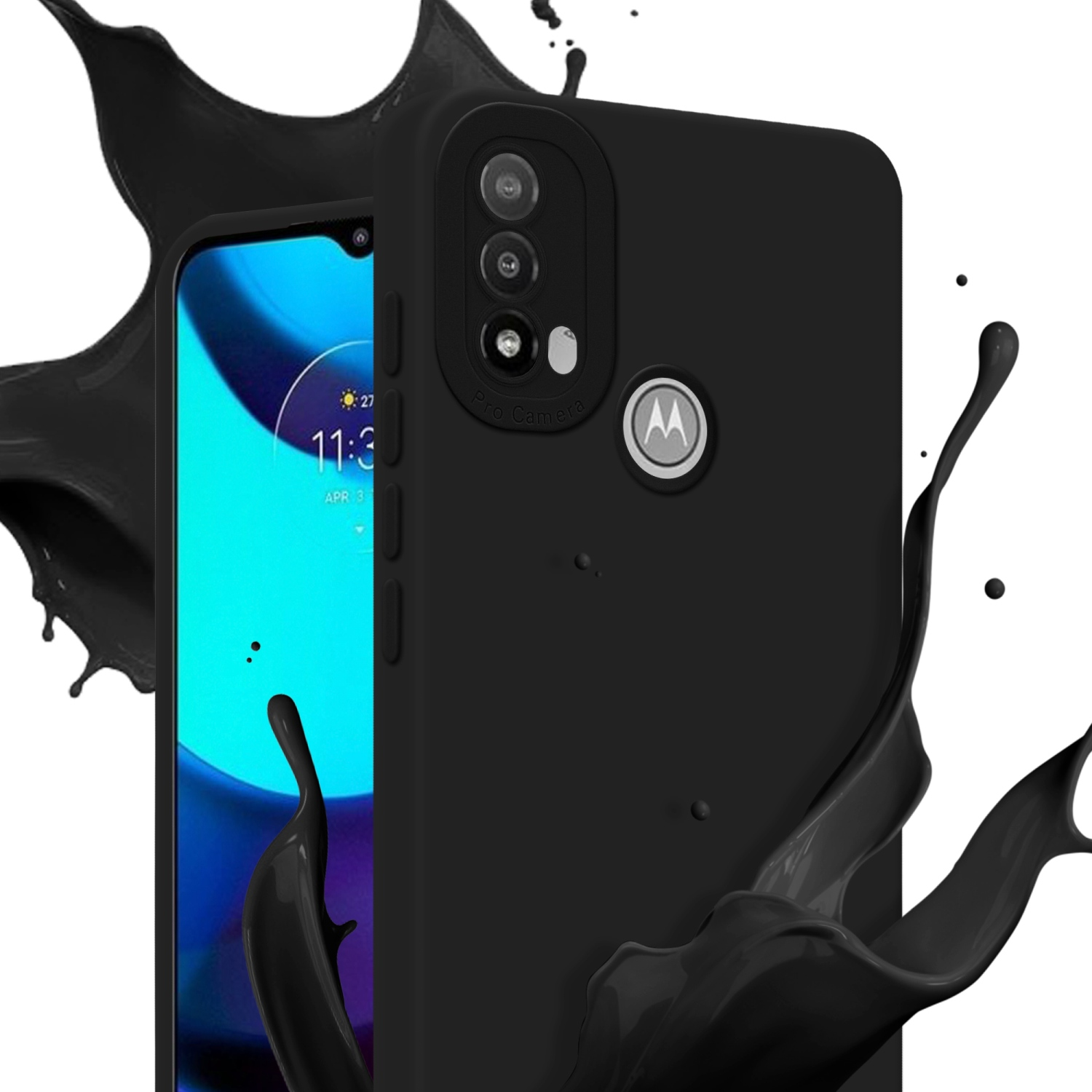 Una custodia per telefono nera con un telefono all'interno, schizzi di vernice nera intorno.