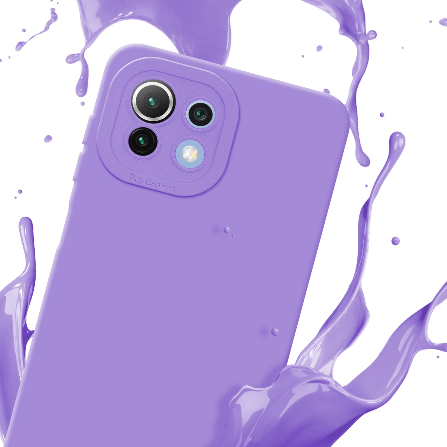 Coque de téléphone violette avec éclaboussure de peinture. Multiples lentilles. Fond blanc.