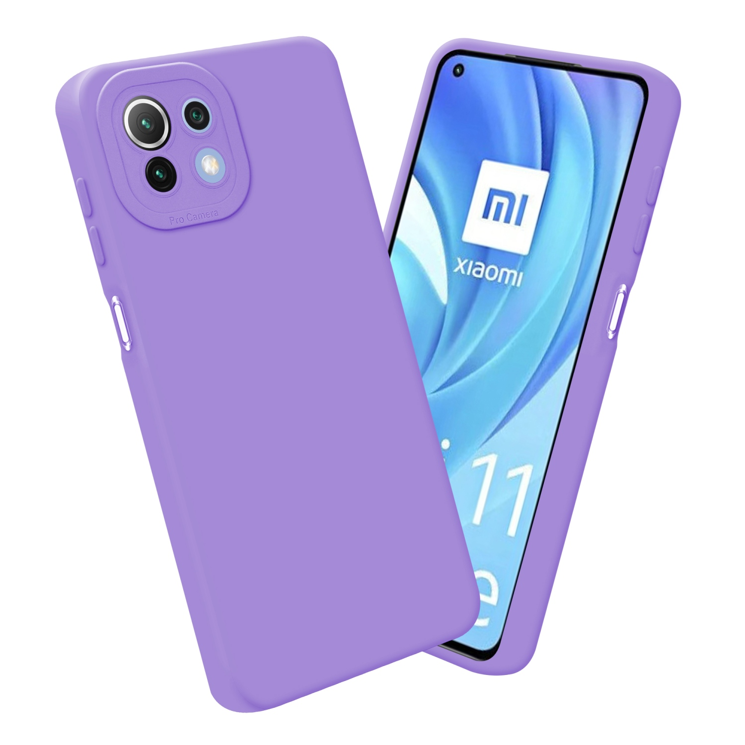 Coque de téléphone violette à côté d'un téléphone avec un affichage d'écran Xiaomi.