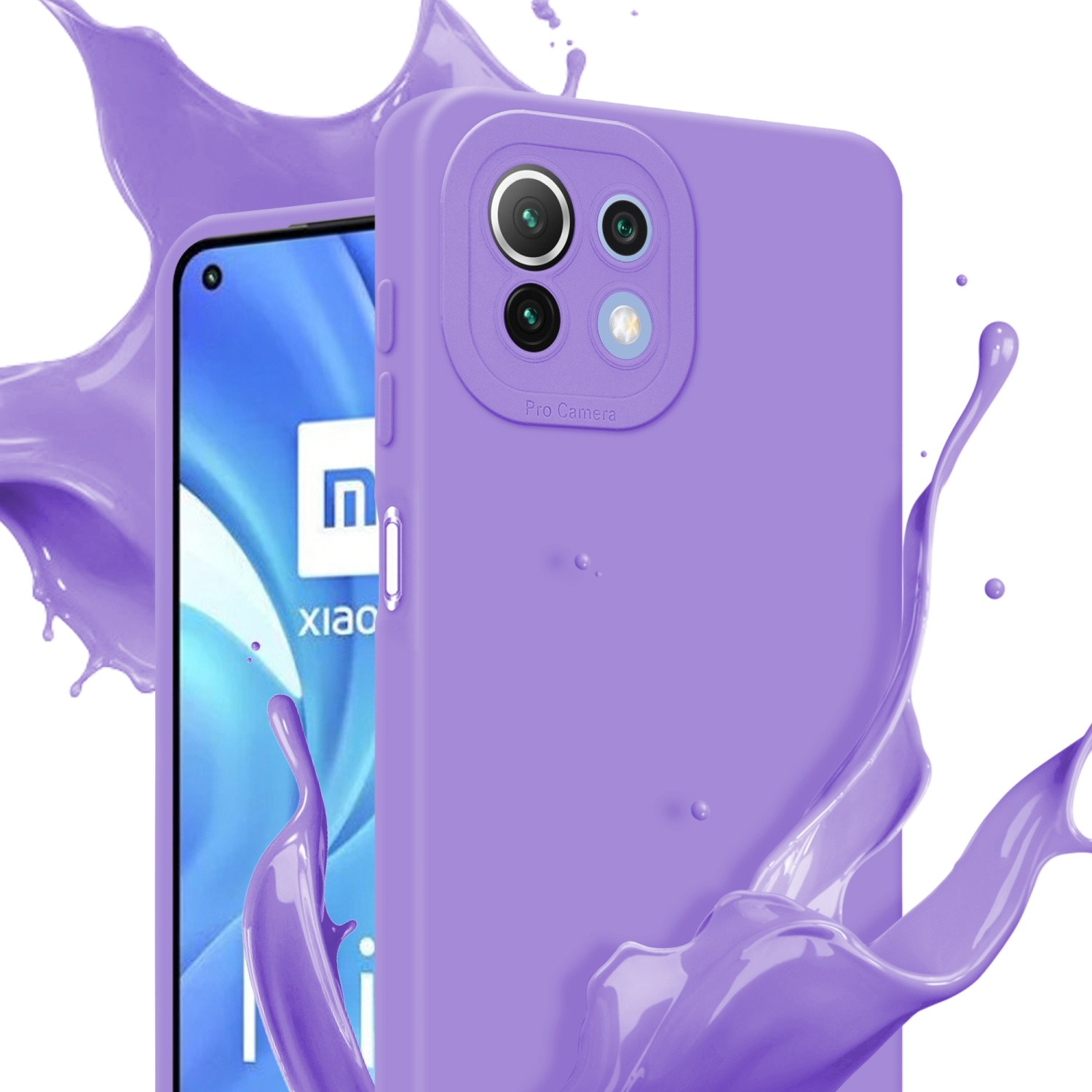Une coque de téléphone violette avec un téléphone à l'intérieur. Éclaboussures de peinture violette en arrière-plan.
