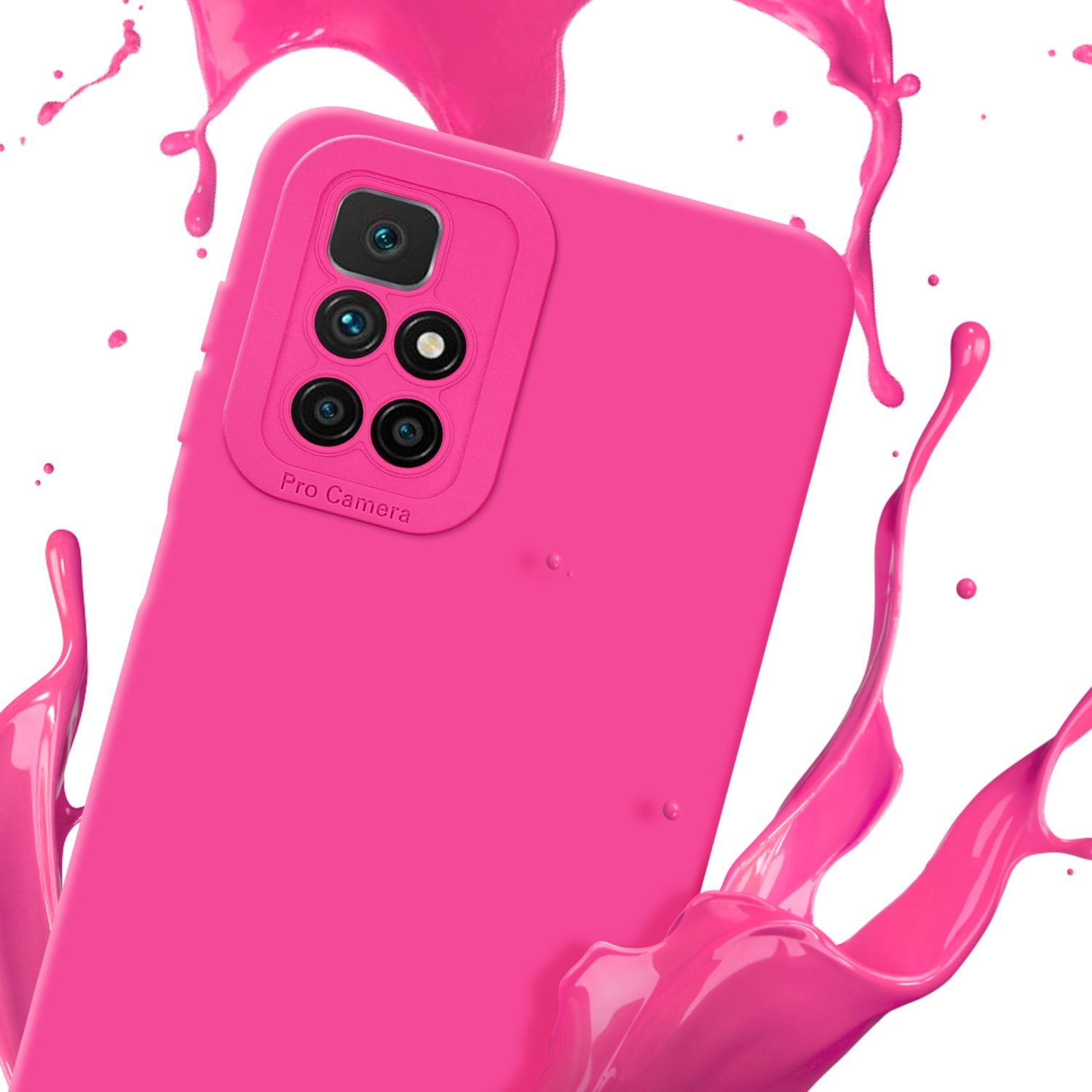 Custodia per telefono rosa con fotocamera e schizzi di vernice rosa su sfondo bianco.