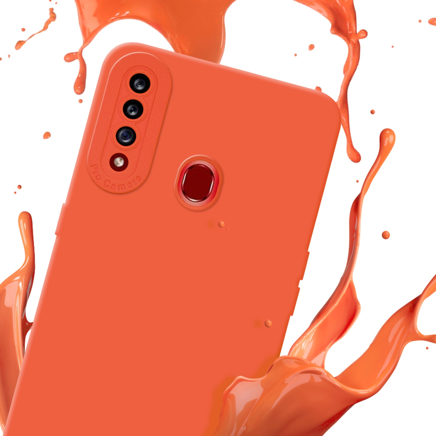 Eine orangefarbene Handyhülle mit orangenen Spritzern auf weißem Hintergrund.