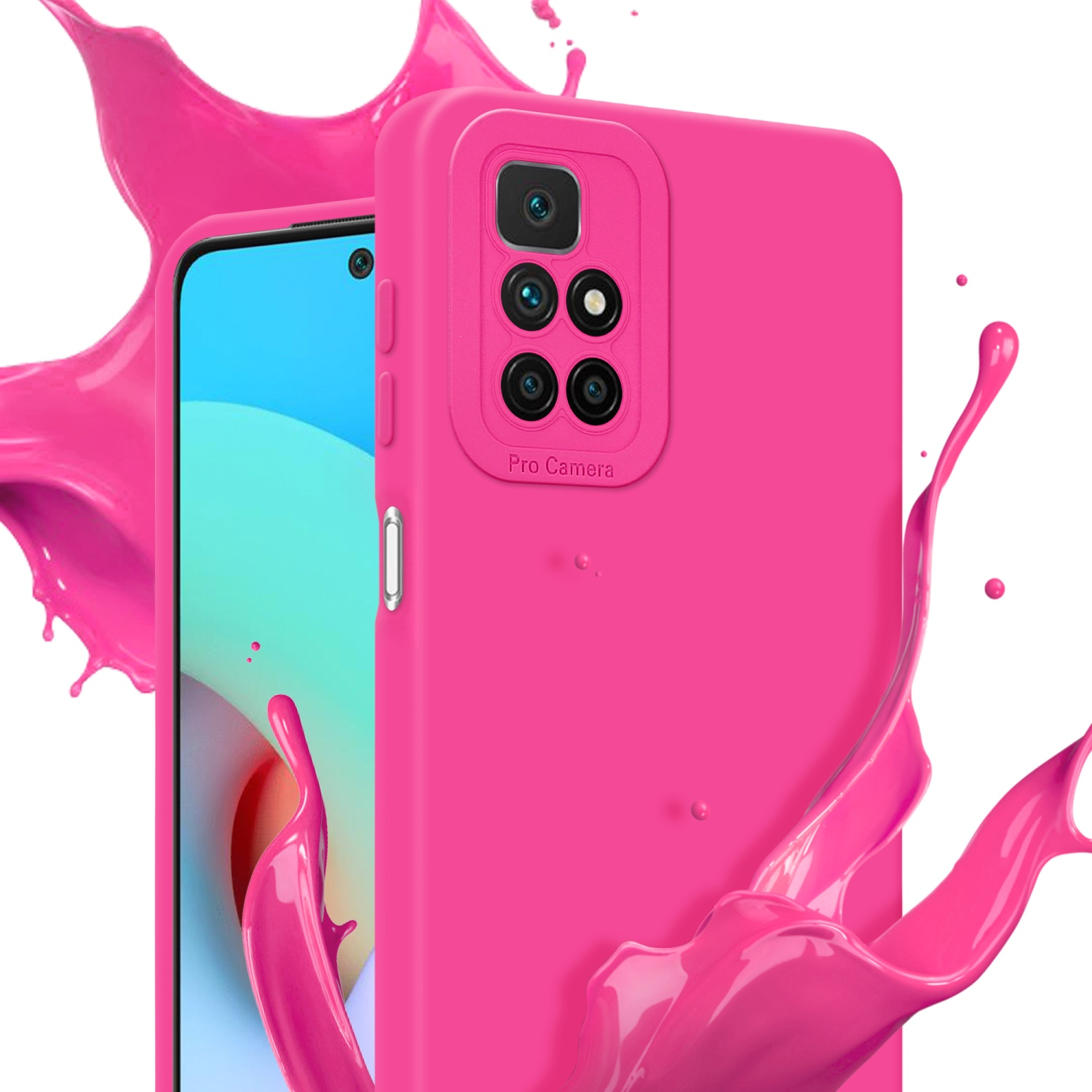 Una custodia per telefono rosa acceso con un rialzo per fotocamera, circondata da schizzi di vernice.