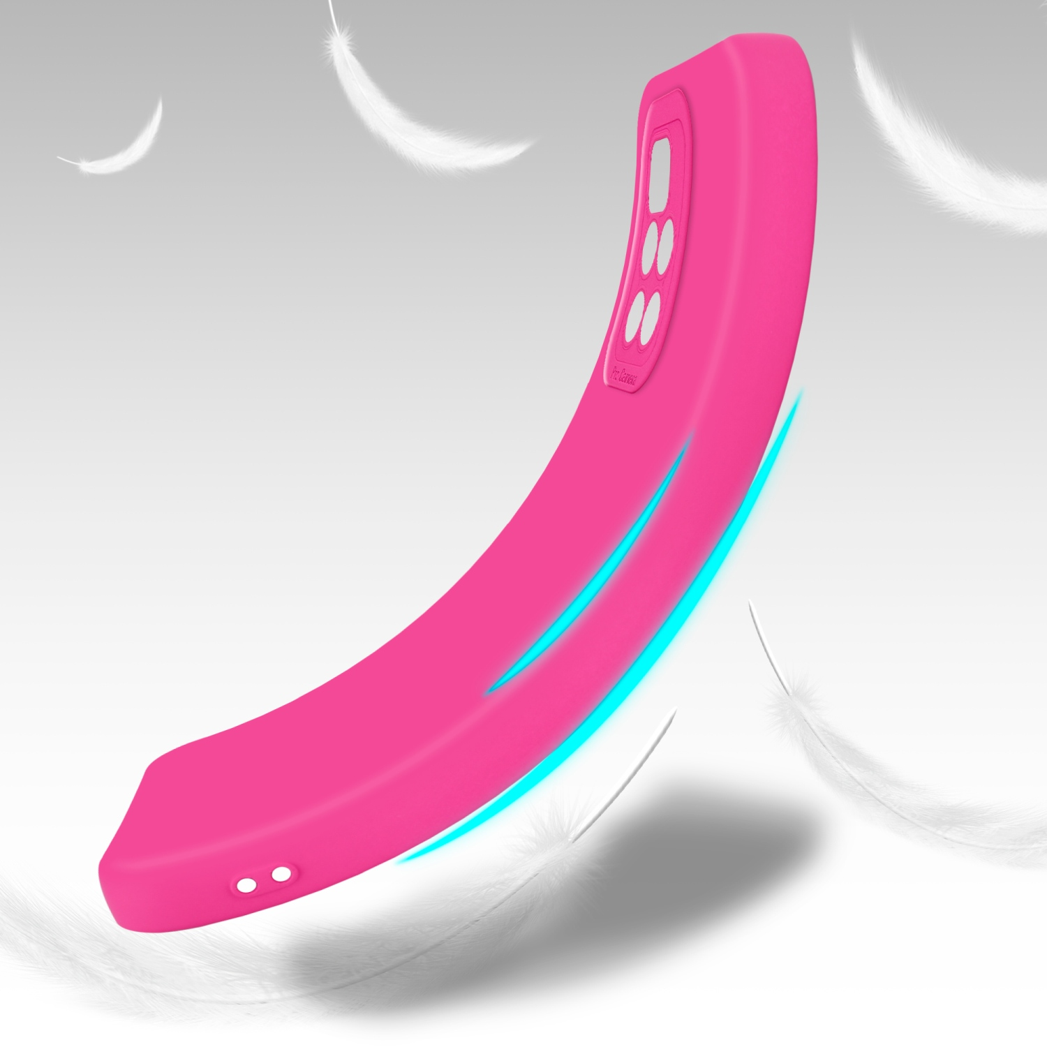 Una custodia rosa con piume che fluttuano intorno. Linea blu sulla custodia.