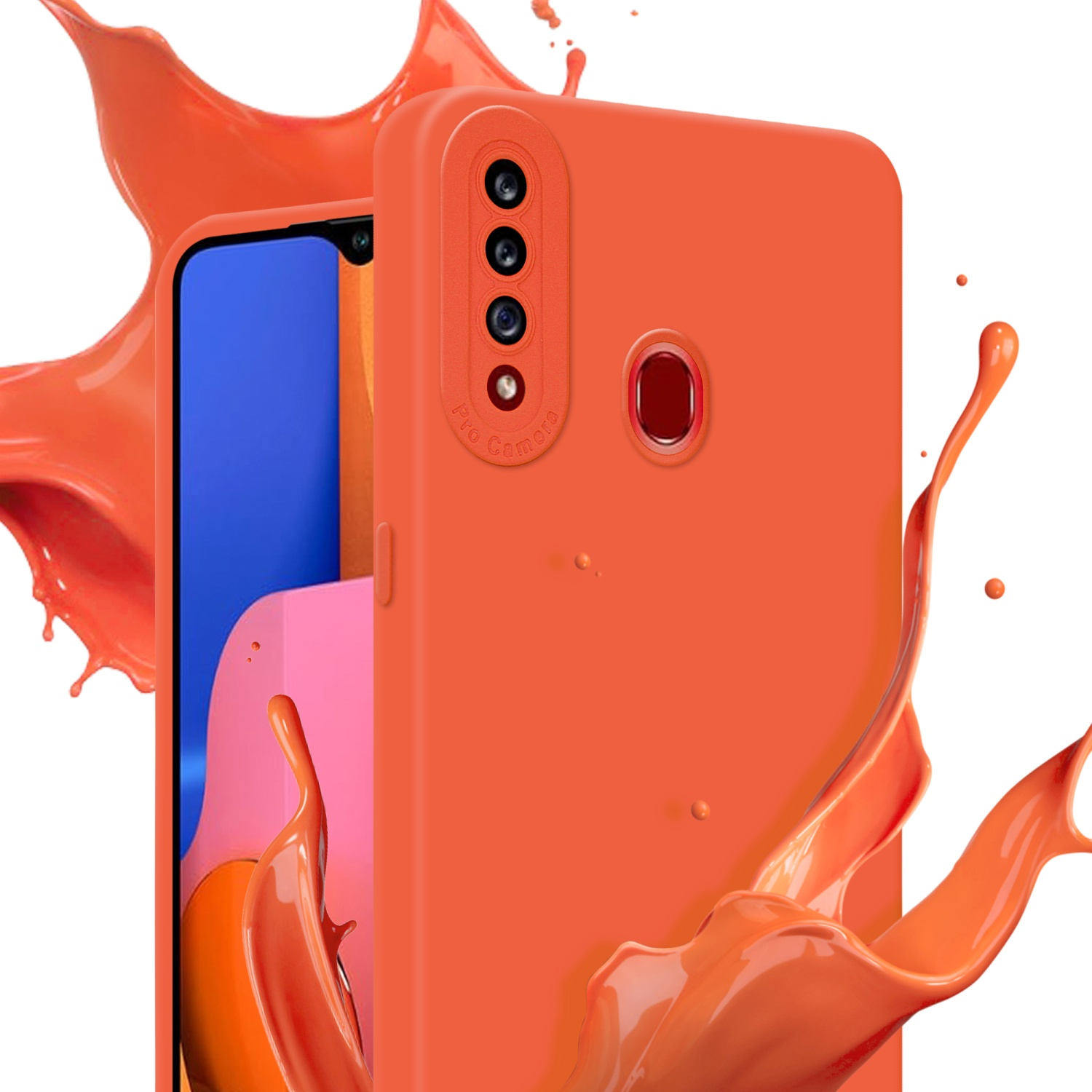 Eine orangefarbene Handyhülle mit einem Telefon und orangefarbenen Farbspritzern.
