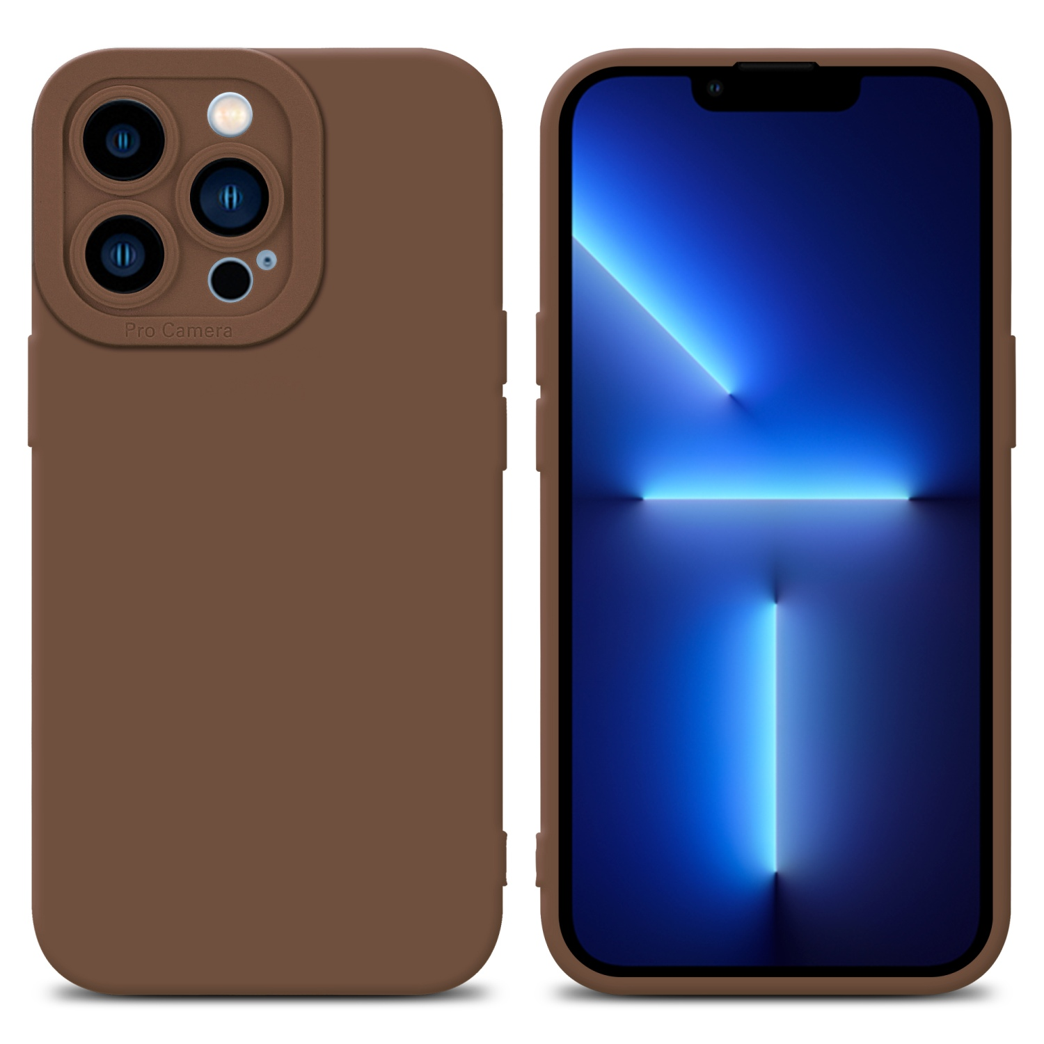 Braune Handyhülle und Handy. Handy hat Dreifachkamera. Hülle ist braun. Handy hat schwarzen Bildschirm.