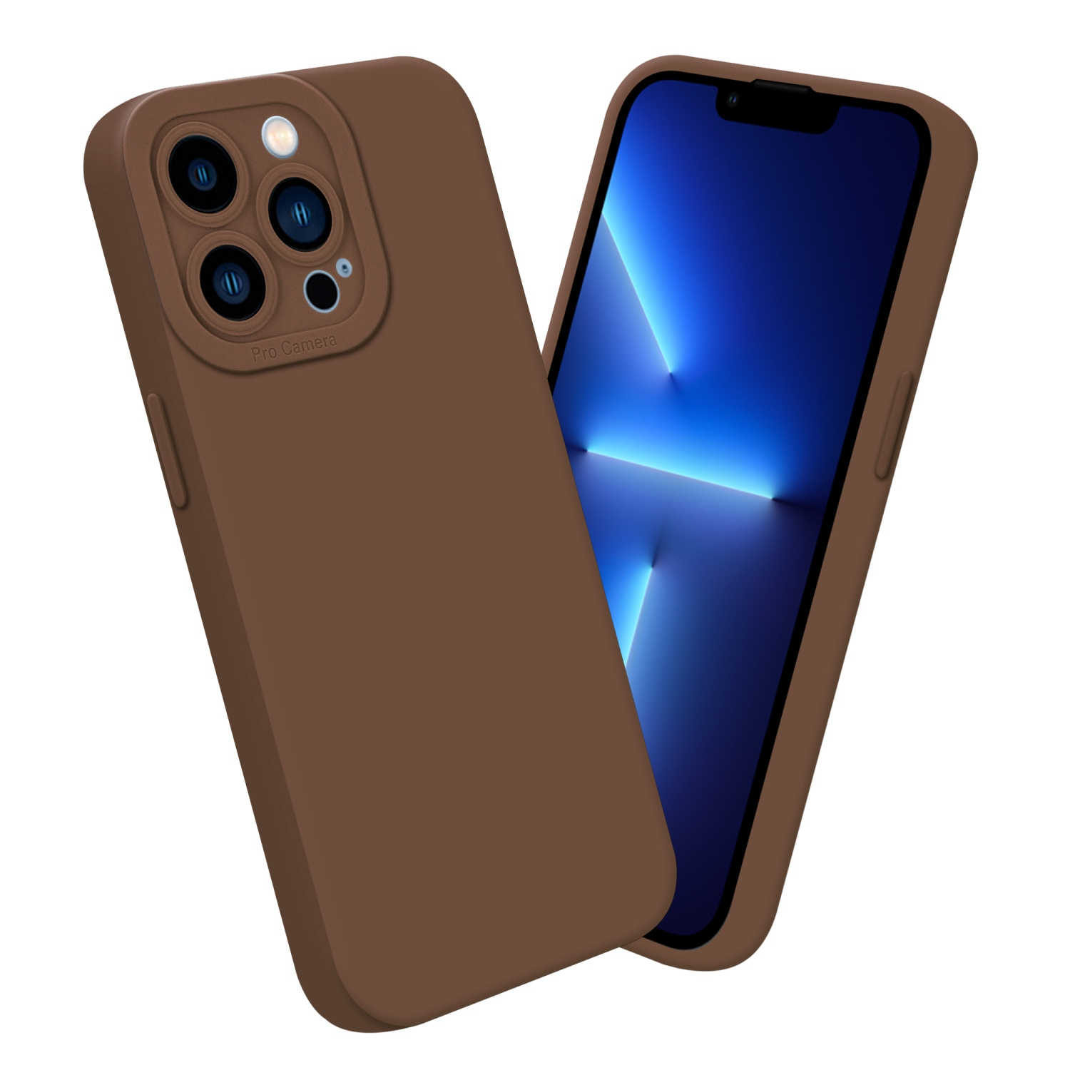 Braune Handyhüllen, eine mit Telefon. Beide Hüllen haben einen Kameraausschnitt.