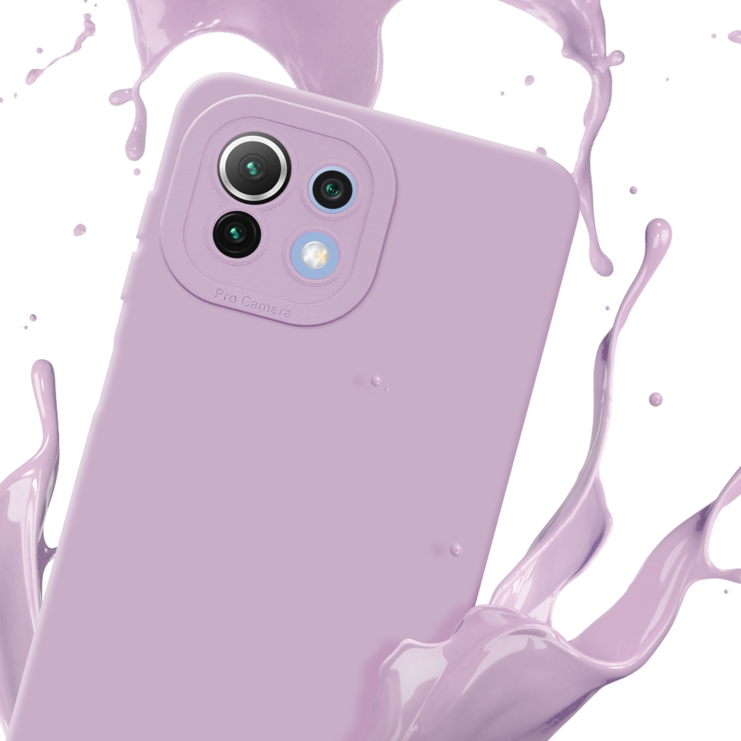 Coque de téléphone lilas avec téléphone à l'intérieur, éclaboussures de peinture lilas. Fond blanc.