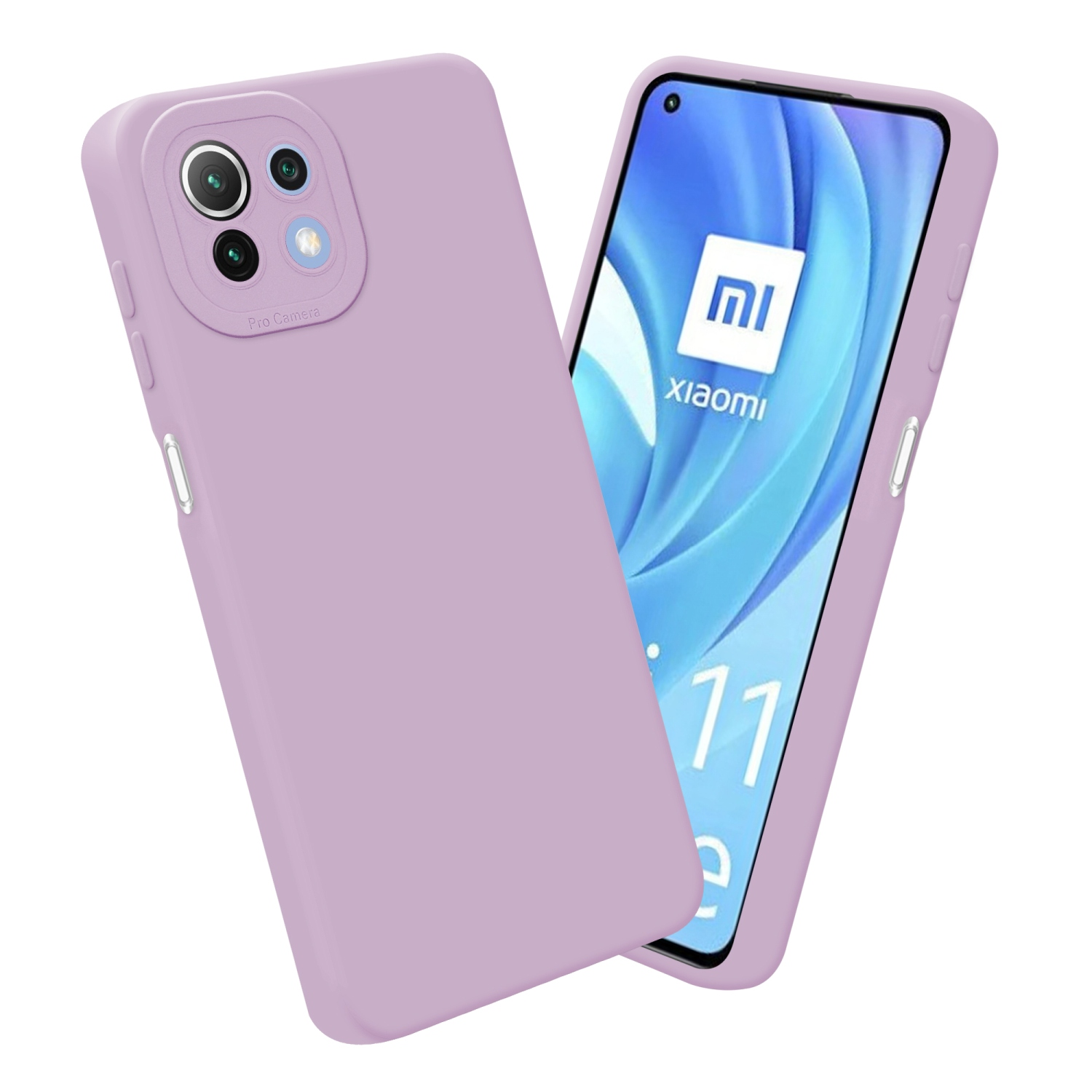 Une coque lavande avec écran de téléphone et logo blanc.