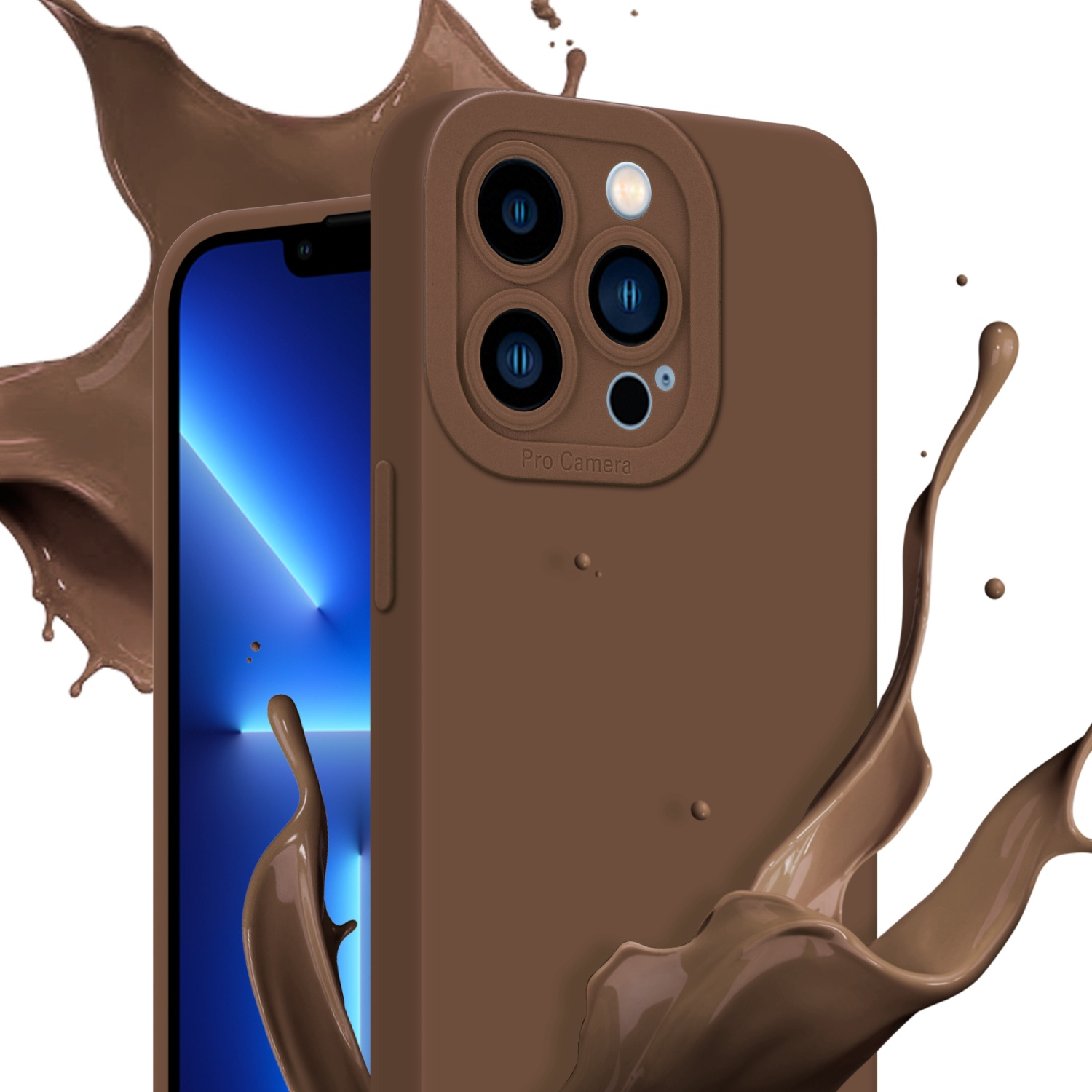 Braune Handyhülle mit Spritzern brauner Flüssigkeit um das Telefon.